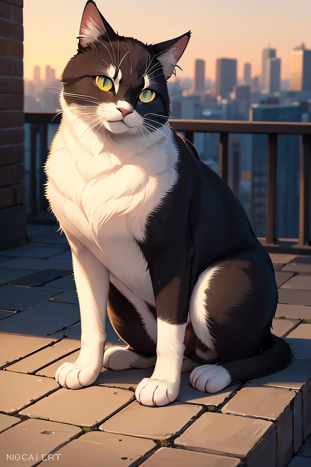 A sleek and agile cat, solo in the frame, gracefully perched on an old brick wall, silhouetted against the backdrop of the cityscape. With a coat of shimmering fur, its velvety texture glistening under the soft, golden hues of sunset. Its piercing green eyes, full of curiosity and intelligence, fixed intently on the viewer. A subtle smile plays on its lips as it tilts its head, basking in the warmth of the evening light. Its black ears twitch in the gentle breeze, one paw delicately balanced on the edge, ready to pounce at a moment's notice. Hyper-realistic details highlight every fiber