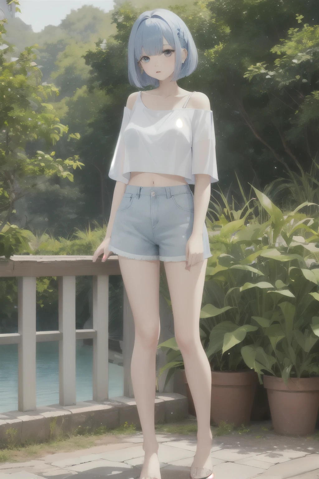 ((highest quality)), ((masterpiece)), (be familiar with),full body image、light blue bob hair、bangs bangs、sleepy eyes、Round neck white T-shirt、The collarbone and chest are exposed、G cup、shorts、24 year old woman、Navel exposed、standing outdoors