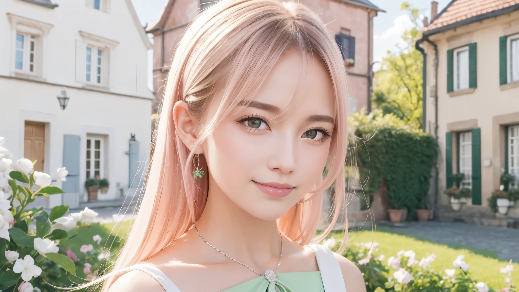 masterpiece, award winning, high quality, super detail, 8k, photo, girl, solo, smile, black hair, elegant dress, elegant clothes, spring clothes, modern fashion, (theme color is pale pink and peppermint green), complemented with a necklace, (close up), (portrait style), in an old European town, classic European architecture, in early spring, natural daylight, direct sunlight, harmonious color palette and composition