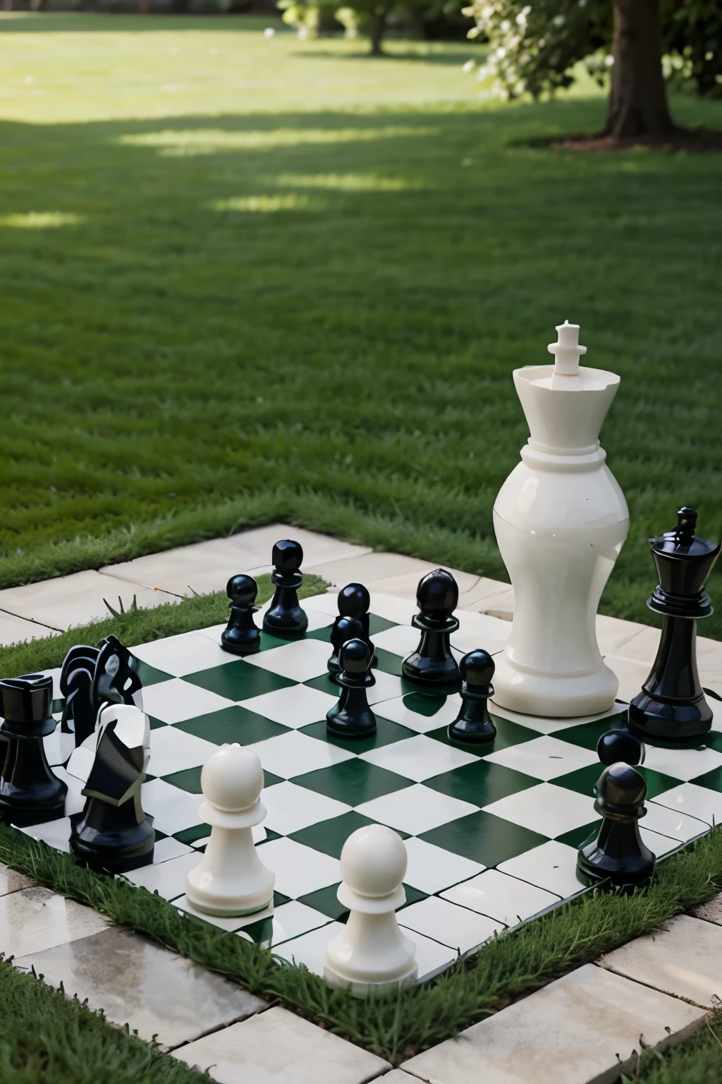 a chessboard placed on a lawn with some chess pieces on it
