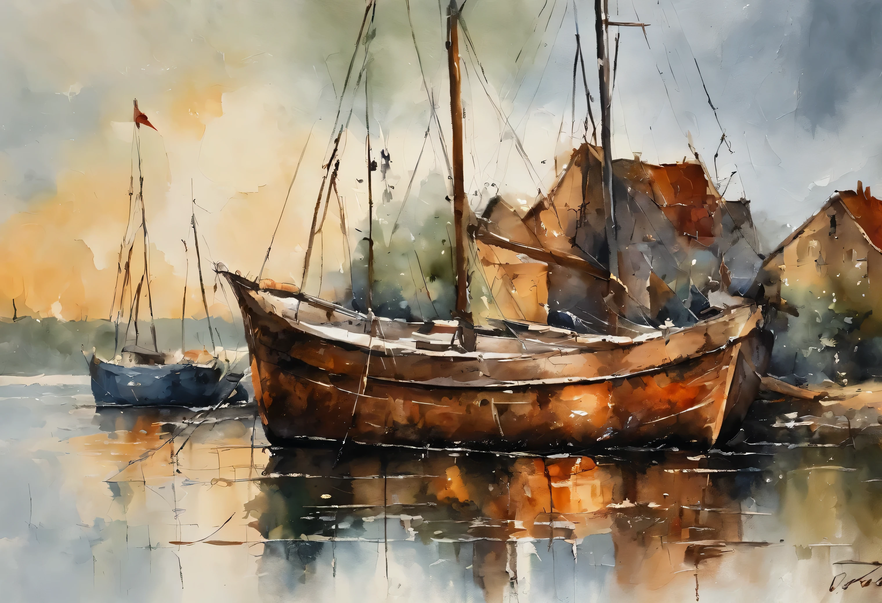 Impasto style, an oil painting, bright and light colors, in the style of light indigo, dark green and dark beige, barbizon school, gray and bronze, cottagepunk, rusticcore, panorama, splatter art, thick wet oil paints, bright soft colors, heavy brushstrokes, sailboats in a port