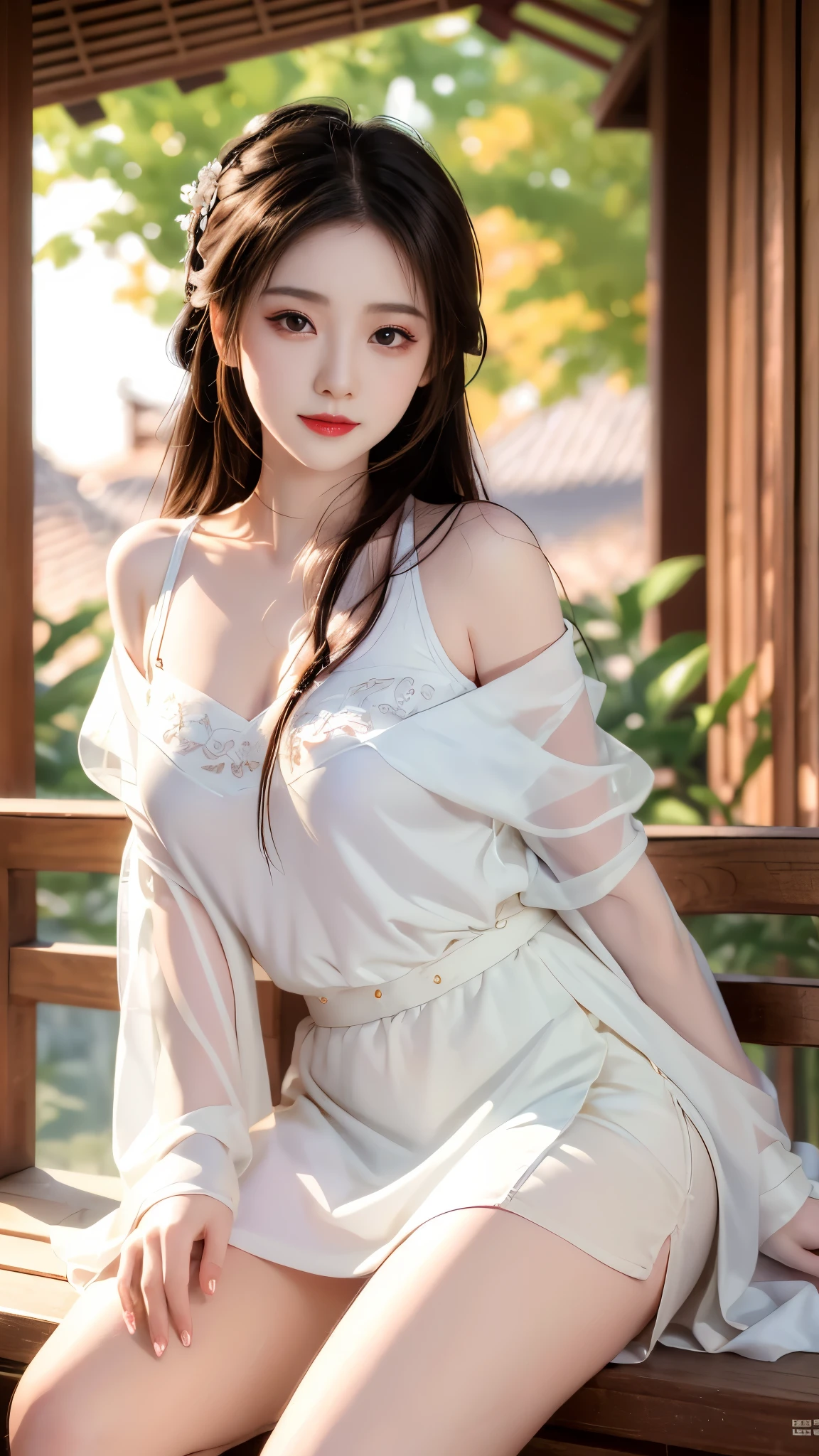 gufeng,bare shoulders, realistic, fashi-girl, red lips, mature female, makeup, Big eyes, Pretty eyes, ((full body)), ((Random shooting angles)), (best quality, masterpiece:1.2), ultra-detailed, (realistic:1.37), ((Sexy long legs)), beautiful, youthful, glamorous model with (detailed eyes, detailed lips, extremely detailed eyes), with white and floral colors, showcasing a radiant smile, creating a breathtaking depiction of a girl, Warm tones, extremely high color saturation, official art, extremely detailed CG unified 8k wallpaper,(High dynamic range :1.4), (cinematic),(soft colors, dull colors, soothing tones :1.3), (natural skin texture, ultra-realistic, soft light, sharp),(very detailed), Night, moonlight, In an antique pavilion, sit on a bench against the guardrail