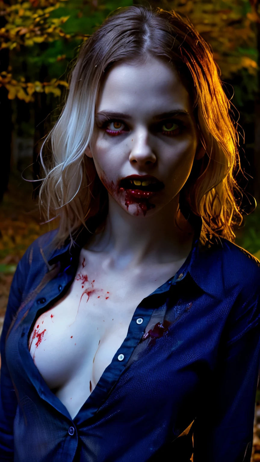 Cinematic, (masterpiece, best quality:1.2), ((RAW photo, Best quality)), (Realistic, photo-realistic:1.2) night, a hotting zombie. Horror concept, creppy, blood, (((white eyes))) , (((pale white skin))) , angry. Cinematic lighting 