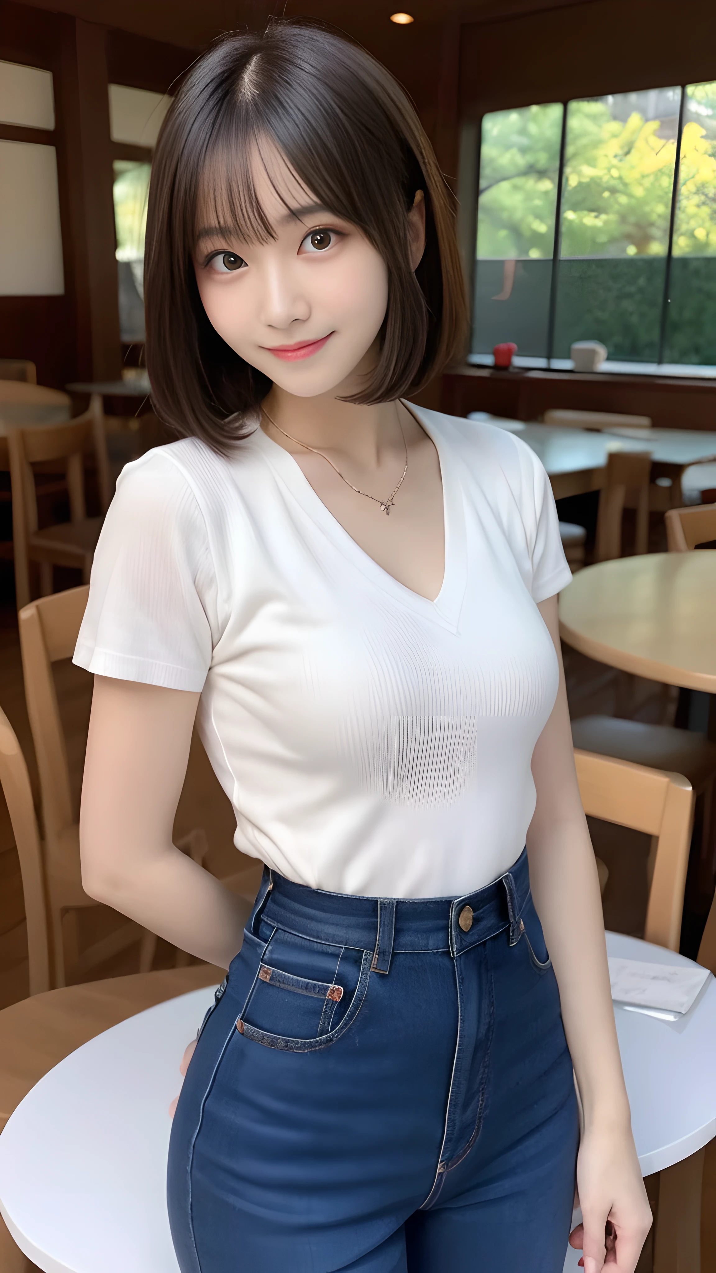 table top, 最high quality, shape, Super detailed, finely, High resolution, 8k wallpaper, 完璧なダイナミックな構shape, finelyて美しい目, Hairstyle is random、natural color lip, bold sexy pose,笑face, 25 year old girl、cute、sexy shot looking at camera,Ultra-realistic raw photos, hostess'face、Clothing season is random, high quality、surreal、healthy、笑face、Slender perfect shape、beauty of japan、 necklace、perfect eyes beautiful skin、Upper body、Extremely thin waist, people々focus perfectly on, bob haircut,