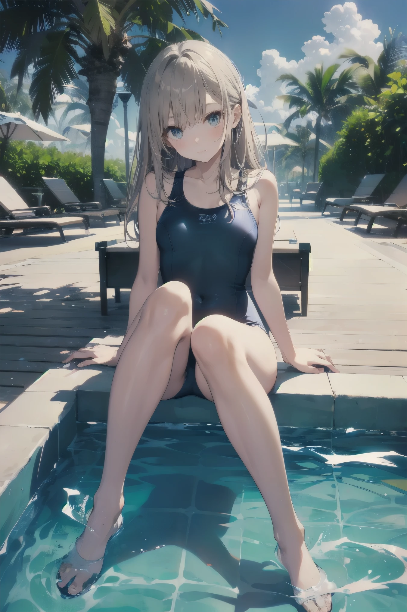 High quality、highest quality、complete limbs、Ultra high definition、vivid colors、Sparkling eyes、full finger、slender beauty、knee high、school swimsuit、school swimwear、surprised、resort hotel