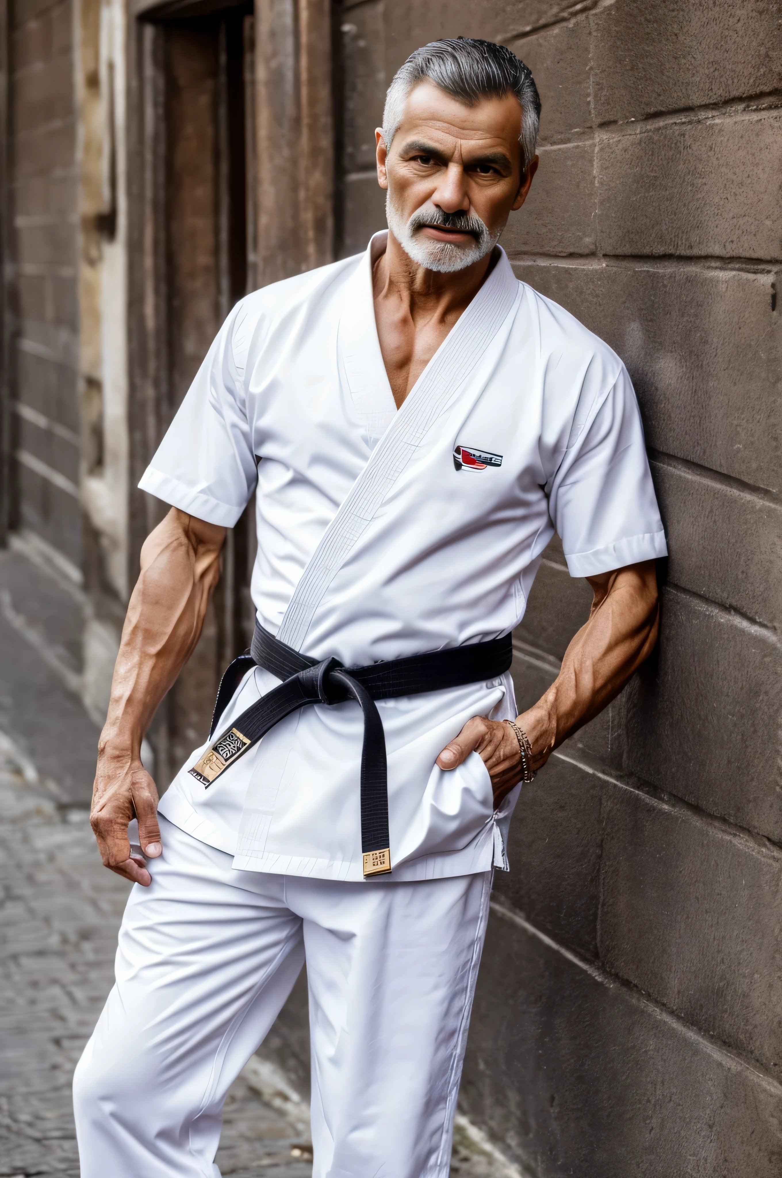 portrait of a european 60 year old slavic Man in white karate suit, black belt, posing for a photo, ripped, slim and fit, well muscled, slim but muscular, beautiful, pretty body, muscular body, shirtless, muscular men, attractive body, good muscled, muscular build, gentle face, European man, 55 years old Short brown hair with gray temples, camera eos 5, 85mm --v 5.2