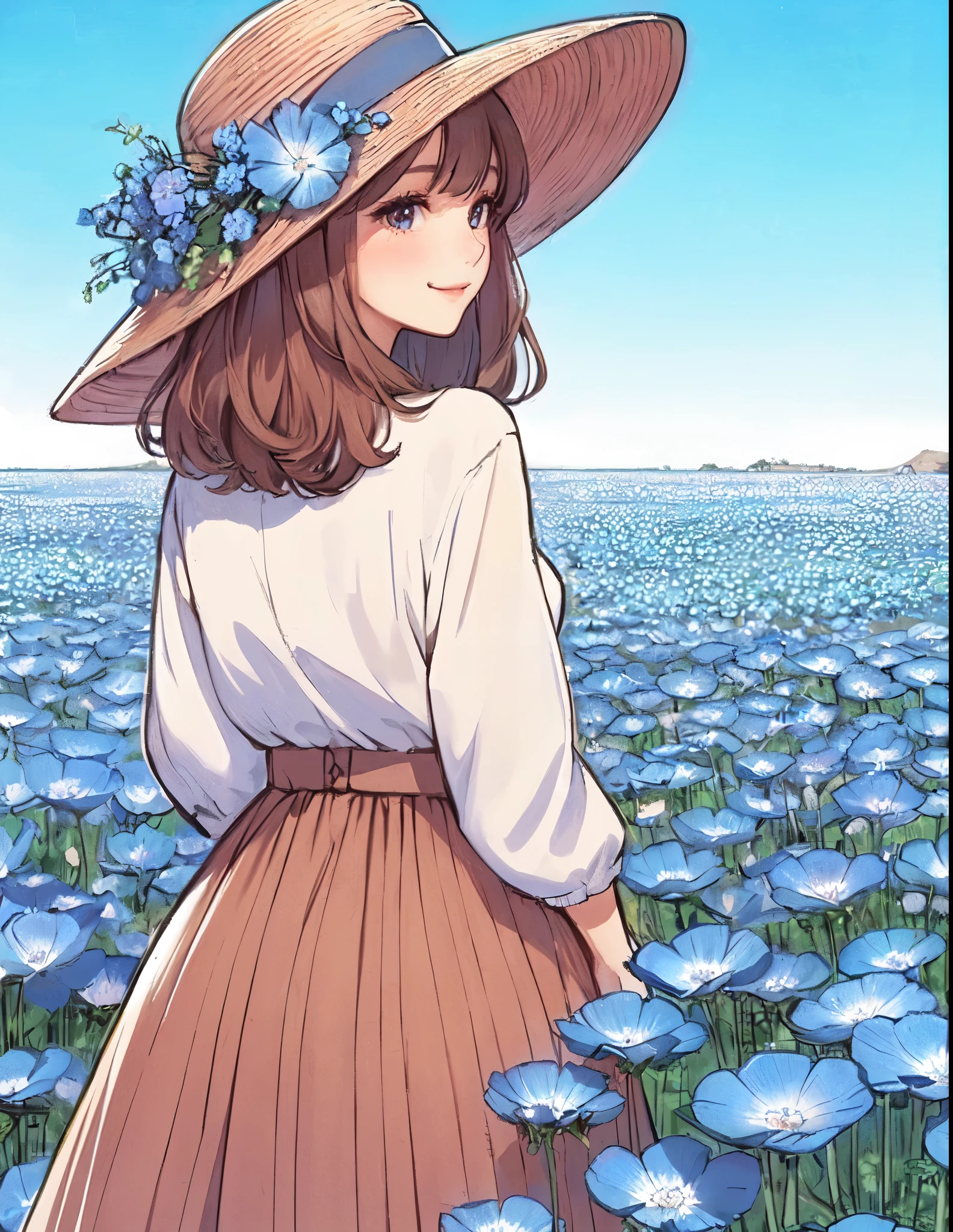 1lady standing, (looking back) (from behind), (stylish outfit) high-waist long skirt, hat, mature female, /(brown hair/) bangs, blush light smile, (masterpiece best quality:1.2) delicate illustration ultra-detailed, medium breasts BREAK (field of Nemophila flowers) outdoors, (Nemophila:1.2) (realistic blue flower:1.1), (blue flower field look like sea), horizon, noon, detailed background