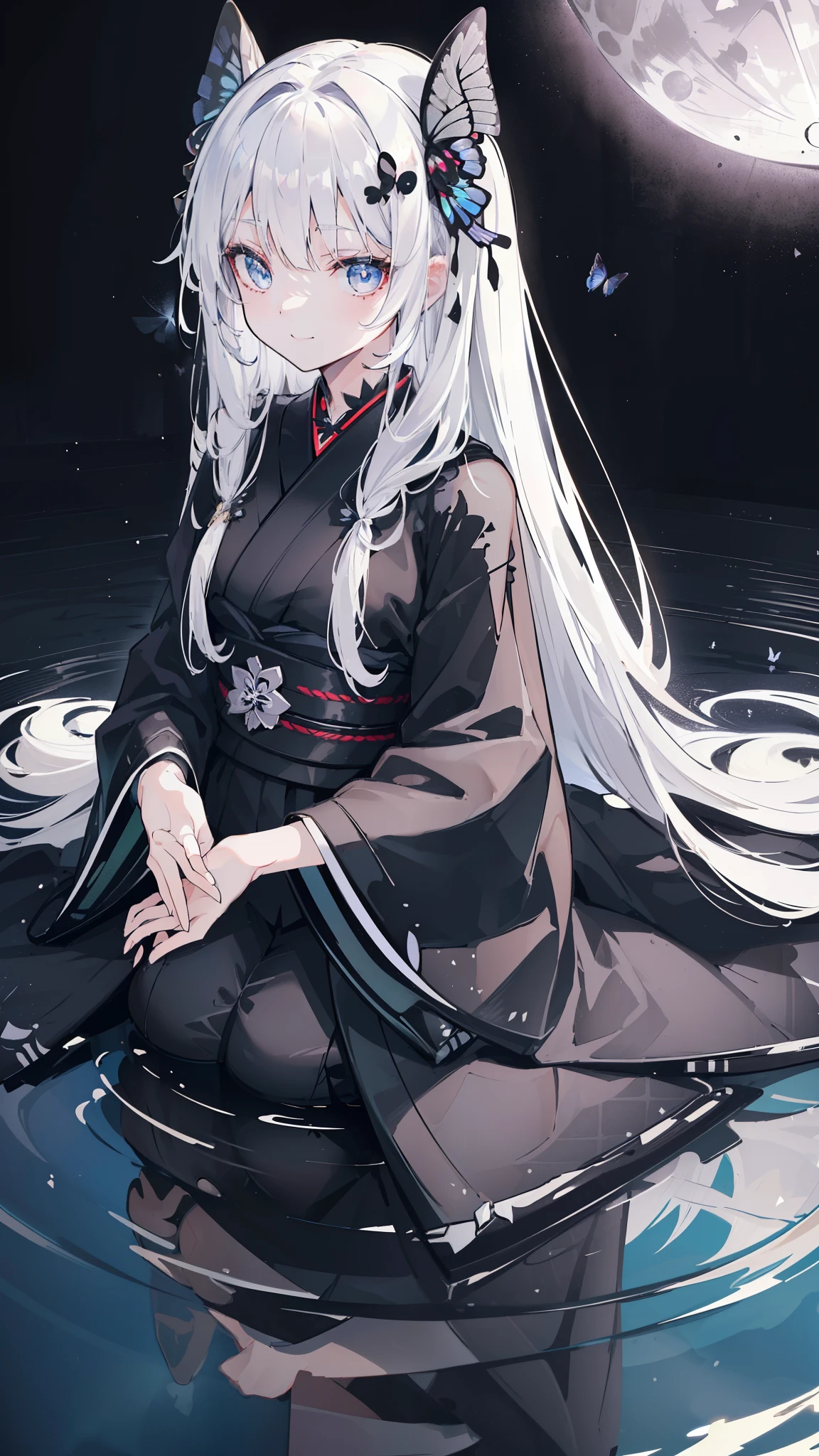 32k, perfect body, cute , cute smile, cute dress, long hair, white hair, black dress, ((black butterfly)), ((black butterfly hair ornament)), ((black butterfly shaped brooch)), ((black butterfly dress)), ((black ligth particle)), (((beautiful quality))), ((black kimono)), ((black Japanese clothing)), (((the floor is on the water surface))), ((full moon)),