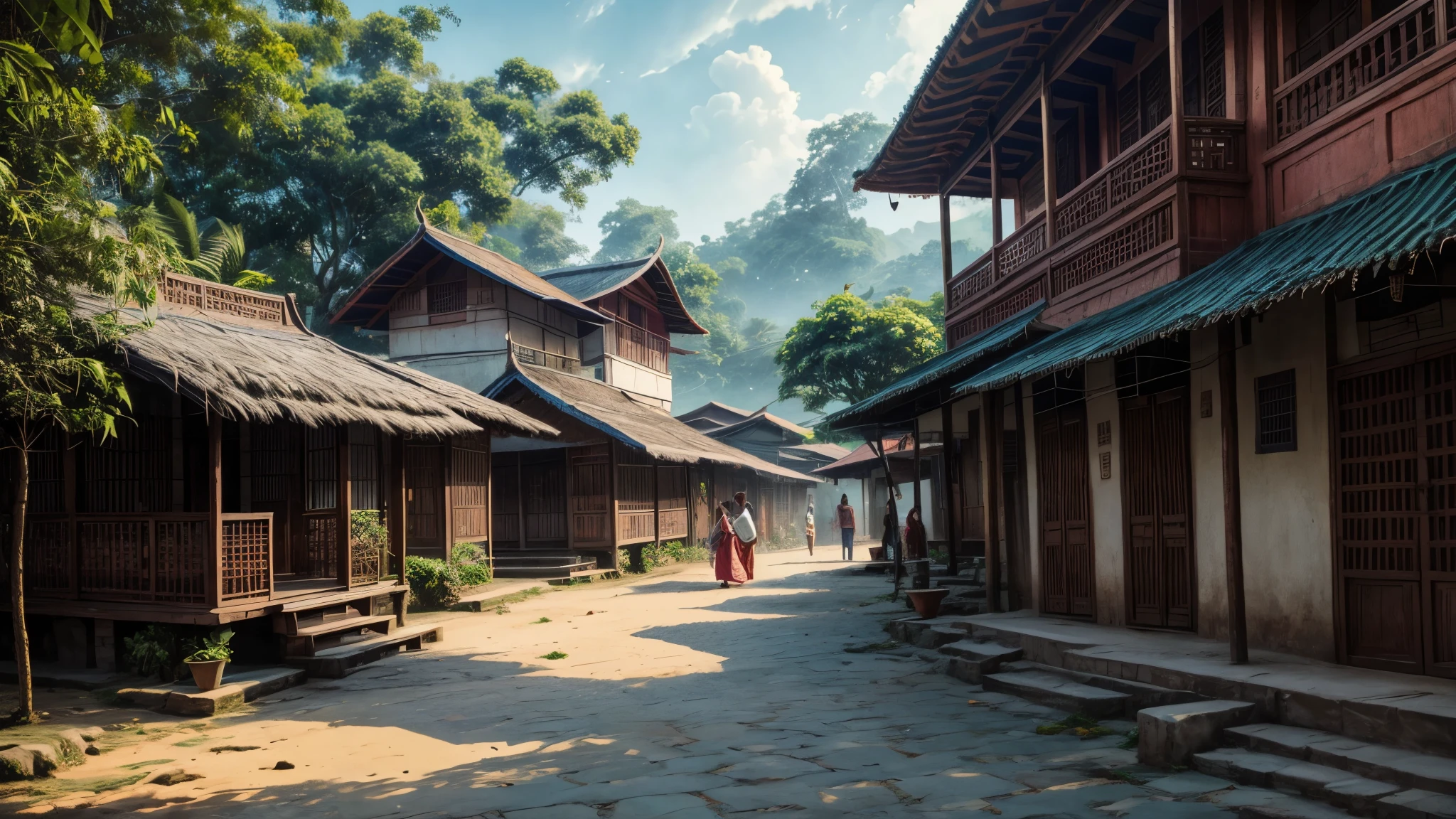 An Indian Kerala village in a vibrant watercolor style, illustrating the charm of the local culture and architectural beauty. The artwork is set in a vice city style, capturing the energetic atmosphere and the hustle and bustle of the village. The scene radiates with vibrant colors, showcasing the diversity of the region's landscapes and traditions. The illustration is detailed and captures the essence of everyday life in the village, portraying the residents engaged in various activities such as fishing, farming, and market trading. The illustration is rich in texture, highlighting the architectural elements like traditional houses, temples, and lush greenery. The artwork exudes a sense of liveliness and vibrancy, bringing the viewer into the heart of the Kerala village. The lighting in the scene is warm and natural, accentuating the beauty of the surroundings. The artwork is of the highest quality, ensuring ultra-detailed visuals with a sharp focus and photorealistic elements. The prompt reflects the combination of the game art style and the breathtaking vibrancy of watercolor illustrations, resulting in a masterpiece that captures the essence of the Indian Kerala village.