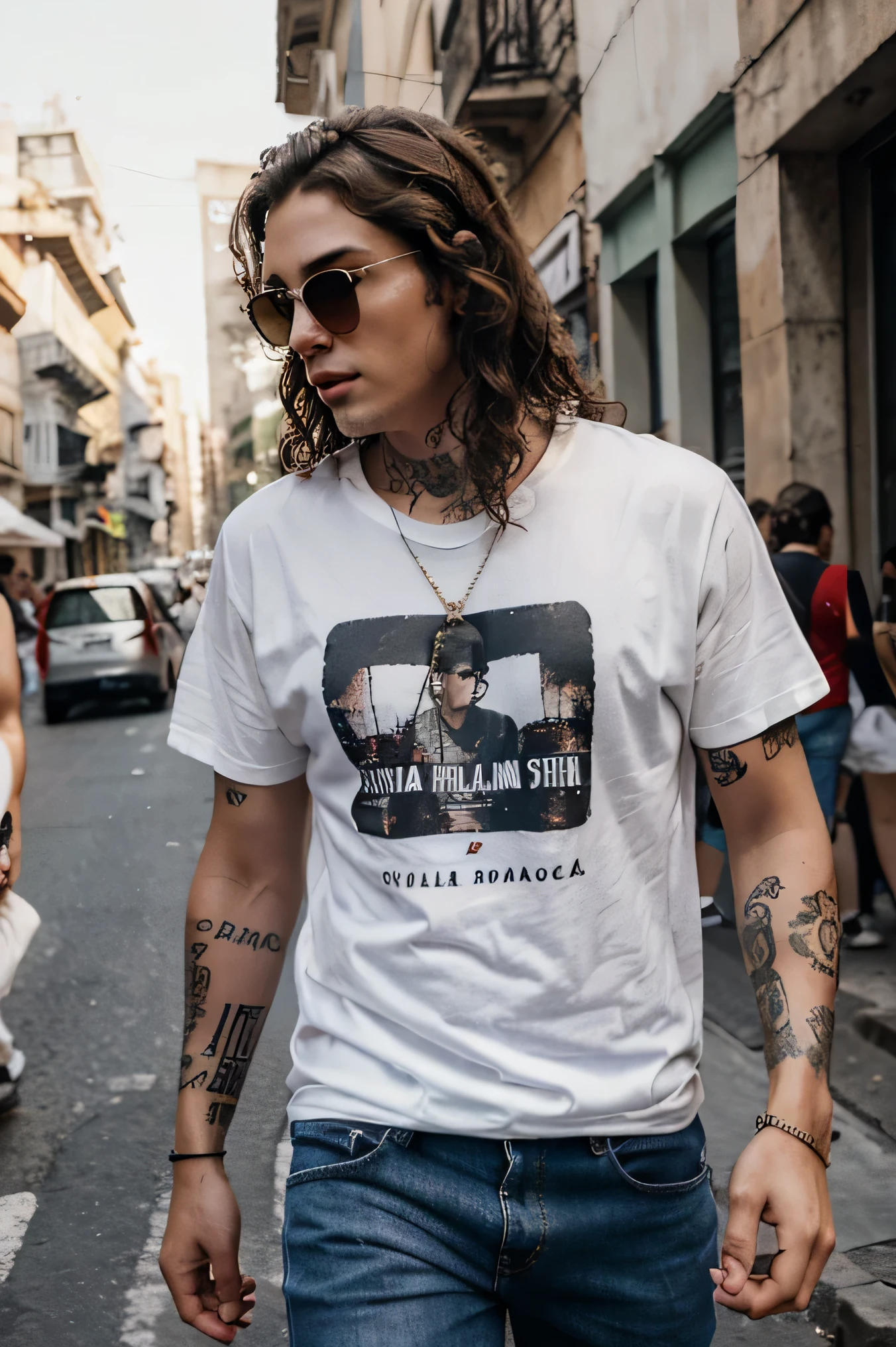 garoto moreno, Cabelo ondulado, oculos de sol, Fones de ouvido, tatuagens da velha escola, usa uma camiseta branca e jeans vermelho. on a busy street in São Paulo 