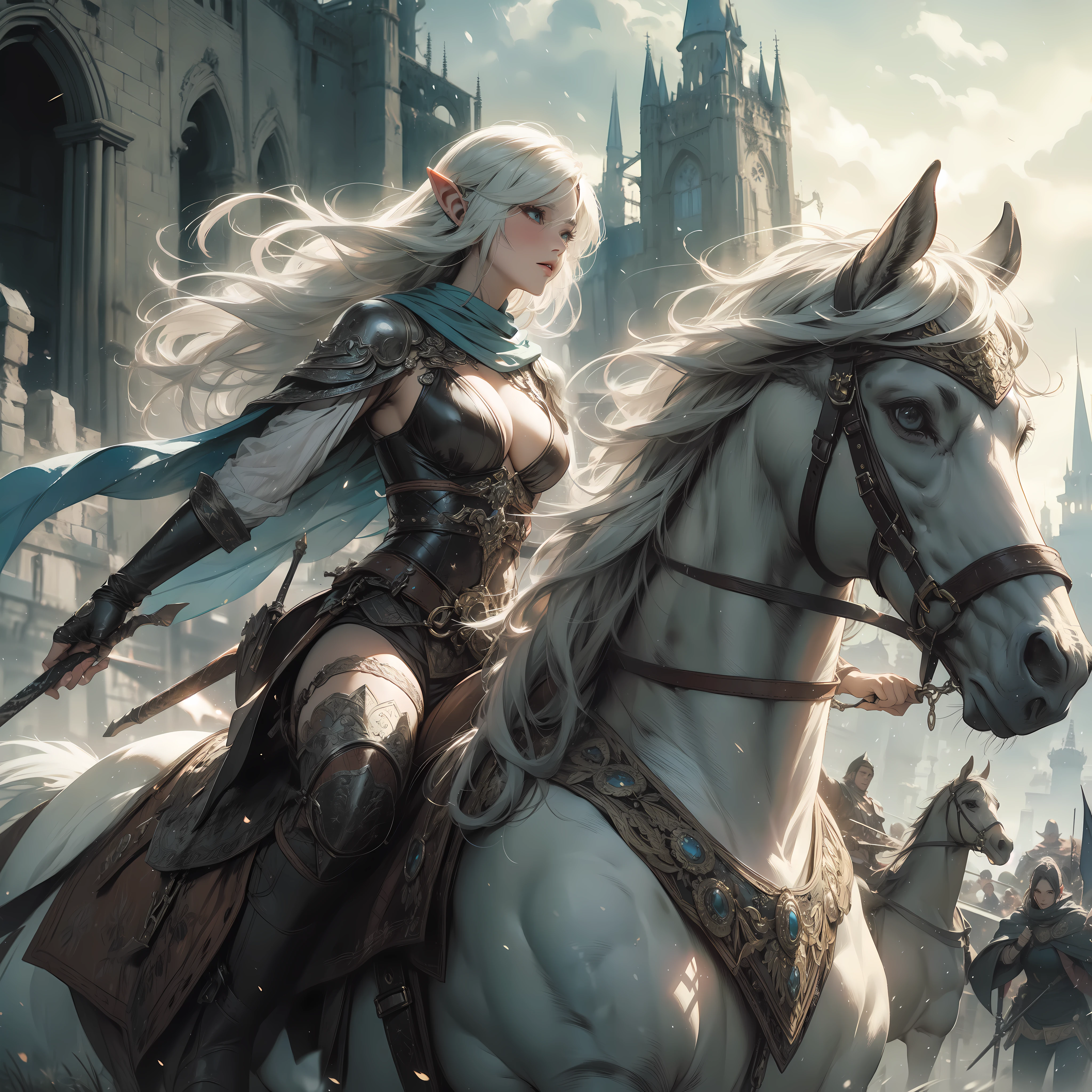 an medium white hair elf woman Hunter riding a horse, in the ruined kingdom, fight against demon Lord, dynamic ground pov, Viewed from a distance, detailed face,  by Artgem, Dynamic shot, Dynamic pose, Hayao Miyazaki, Mikimoto Haruhiko, frank frazetta, Cinematic Dramatic atmosphere, fantasy, 8k, watercolor painting