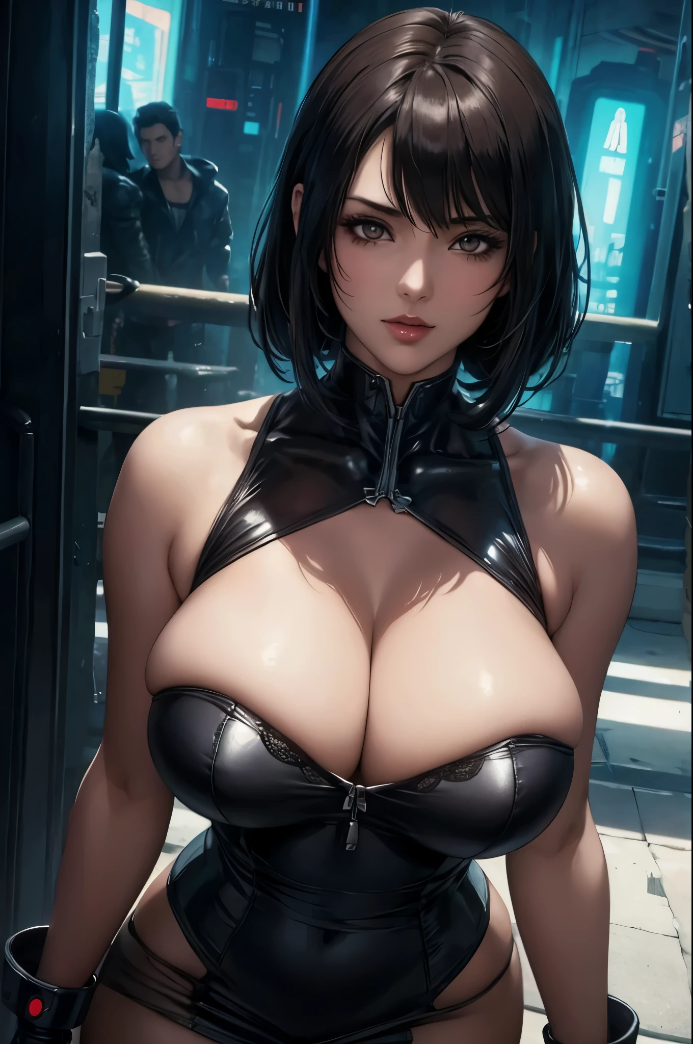 super fine illustration, ultra high resolution, masterpiece, highest quality, perfect shiny shinny skin, perfect lighting, detailed lighting, dramatic shadow, ray tracing, 1 beautiful , looking at the viewer, big posed cleavage, beautailed brown eyes, sharp face, clear eyes, red lips, long bangs, short cut black hair, ((cyberpunk dark city)), Upper body, long China dress, Aida Wong - Resident Evil Series,