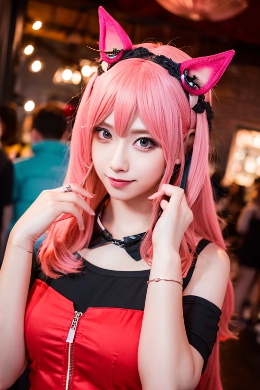 ・Female・10～20s, anime drawing, pink hair, cosplayer, demon cosplay with red horns, internal squint, background is Halloween party venue