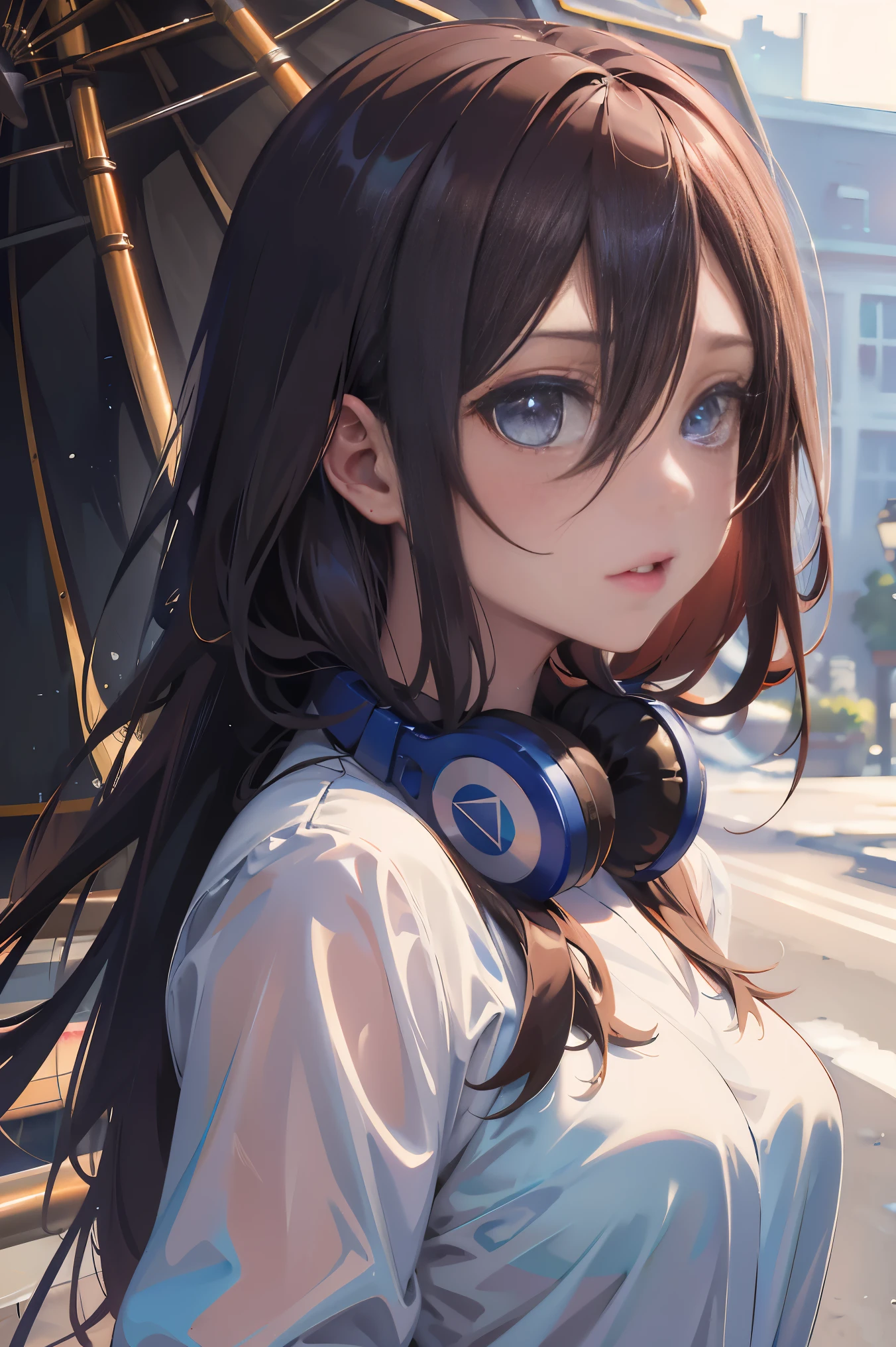 Official art, Unity 8k Wallpapers, ultra-detailliert, Beautifully Aesthetic, masterpiece, top-quality, realisitic, a closeup, Skindentation, interface, A detailed eye, A detailed face, detailed hairs, black backgrounds, straight-on, looking at the viewers, The sheen, Anime, looking at viewer with a cigarette in her mouth, highly detailed with reflections transparent iridescent opaque jacket, Long transparent iridescent RGB hair, 1girl in, Solo, fronds, Long hair, Blurry, Shirt, Parted lips, Outdoors, Floating hair, Long sleeves, White shirt, Bangs, Upper body, Open mouth, tusk, Brown eyes, Wind, Winters,Yuki,snowscape,Blurry background, day, depth of fields, bug,The Bride of Fifthiku Nakano,Blue headset around the neck,Sparkling eyes,Eyes like a galaxy,have valentine chocolate