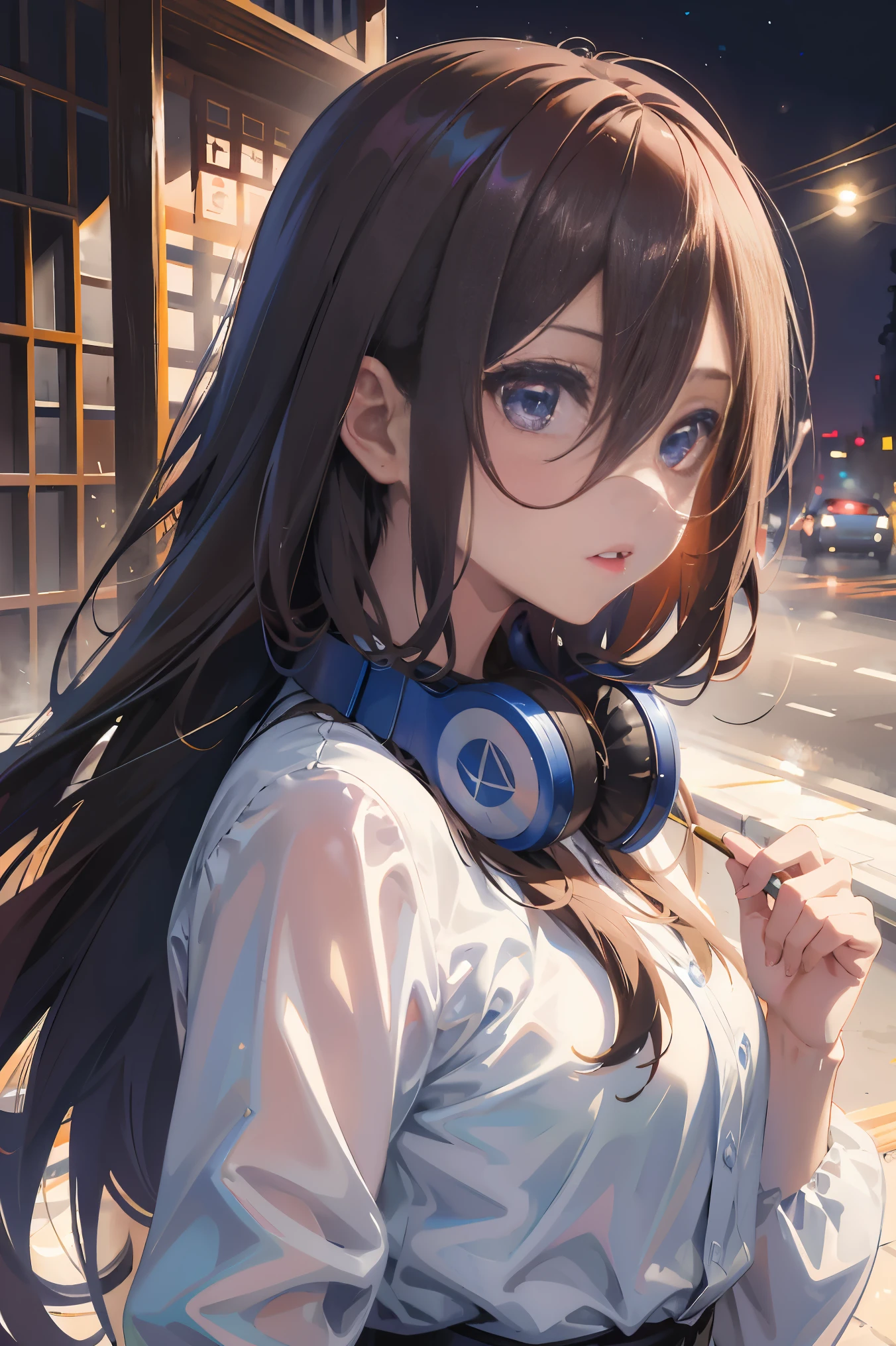 Official art, Unity 8k Wallpapers, ultra-detailliert, Beautifully Aesthetic, ​masterpiece, top-quality, realisitic, a closeup, Skindentation, interface, A detailed eye, A detailed face, detailed hairs, black backgrounds, straight-on, looking at the viewers, The sheen, Anime, looking at viewer with a cigarette in her mouth, highly detailed with reflections transparent iridescent opaque jacket, Long transparent iridescent RGB hair, 1girl in, Solo, fronds, Long hair, Blurry, Shirt,  Parted lips, Outdoors, Floating hair, Long sleeves, White shirt, Bangs, Upper body, Open mouth, tusk, Brown eyes, Wind, Winters，Yuki，snowscape，Blurry background, day, depth of fields, bug,The Bride of Fifthiku Nakano，Blue headset around the neck，Sparkling eyes，Eyes like a galaxy，have valentine chocolate