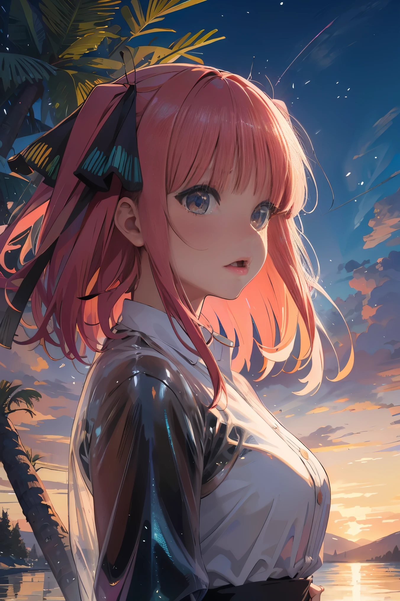 Official art, Unity 8k Wallpapers, ultra-detailliert, Beautifully Aesthetic, masterpiece, top-quality, realisitic, a closeup, Skindentation, interface, A detailed eye, A detailed face, detailed hairs, black backgrounds, straight-on, looking at the viewers, The sheen, Anime, highly detailed with reflections transparent iridescent opaque jacket, Long transparent iridescent RGB hair, 1girl in, Solo, fronds, Long hair, Blurry, Shirt, Parted lips, Outdoors, Floating hair, Long sleeves, White shirt, Bangs, Upper body, Open mouth, tusk, Brown eyes, Wind, Winters,Yuki,snowscape,Blurry background, day, depth of fields, bug,The Bride of Fifths,Jino Nakano,A pink-haired,short-hair,have valentine chocolate