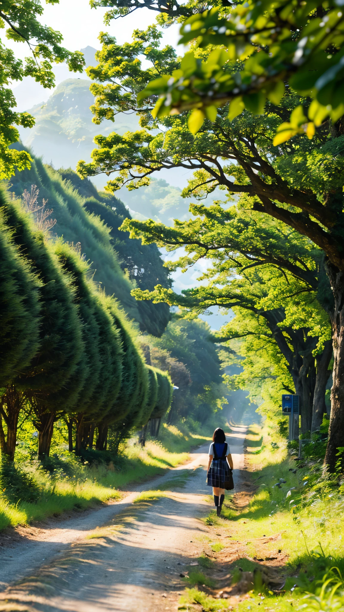 Nature anime, single flock tree golden, green Mountain nature