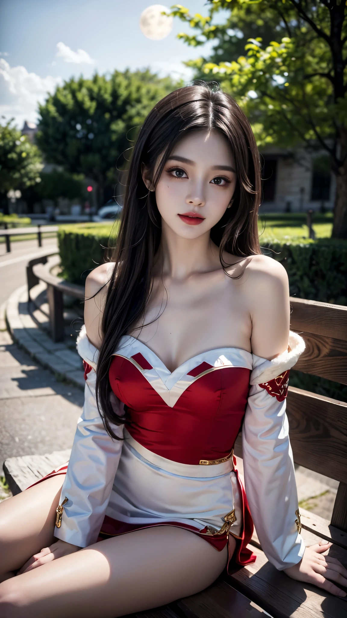 Ahri_Cosplay, White Tails, Black long hair, yellow eyes, gufeng,bare shoulders, realistic, fashi-girl, red lips, mature female, makeup, Big eyes, Pretty eyes, ((full body)), ((Random shooting angles)), (best quality, masterpiece:1.2), ultra-detailed, (realistic:1.37), ((Sexy long legs)), beautiful, youthful, glamorous model with (detailed eyes, detailed lips, extremely detailed eyes), with white and floral colors, showcasing a radiant smile, creating a breathtaking depiction of a girl, Warm tones, extremely high color saturation, official art, extremely detailed CG unified 8k wallpaper,(High dynamic range :1.4), (cinematic),(soft colors, dull colors, soothing tones :1.3), (natural skin texture, ultra-realistic, soft light, sharp),(very detailed), Night, moonlight, In an antique pavilion, sit on a bench against the guardrail