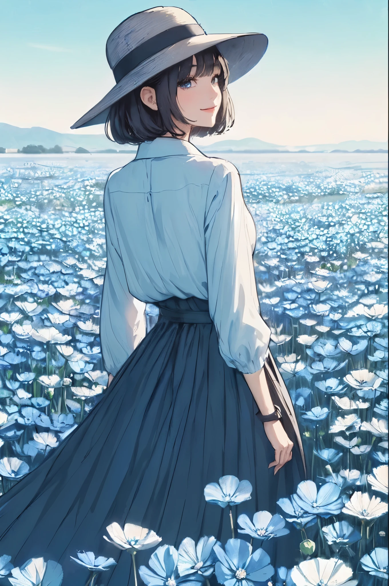 1lady standing, (looking back) (from behind), (stylish outfit) high-waist long skirt, hat, mature female, /(black hair/) bangs, light smile, (masterpiece best quality:1.2) delicate illustration ultra-detailed, medium  BREAK (field of Nemophila flowers) outdoors, (Nemophila:1.2) (realistic blue flower:1.1), (blue flower field look like sea), horizon, noon, detailed background