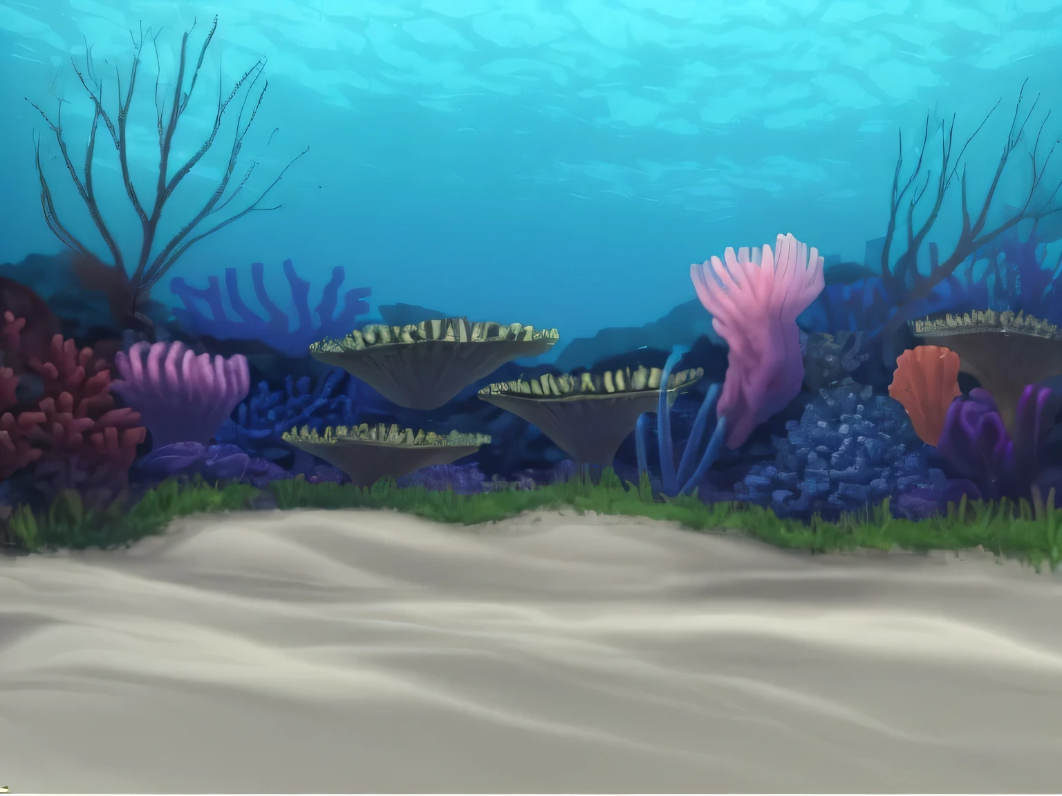 there is a painting of a sea anemone and corals in the ocean, Ambiente Submarino, underwater environment, underwater scene, masterpieceunderwater scene, underwater scenery, underwater landscape, Science fiction landscape, bubbly underwater scenery, Recife de corais, random background scene, in game render, Submarino, underwater background, underwater view, game render, arte de fundo
