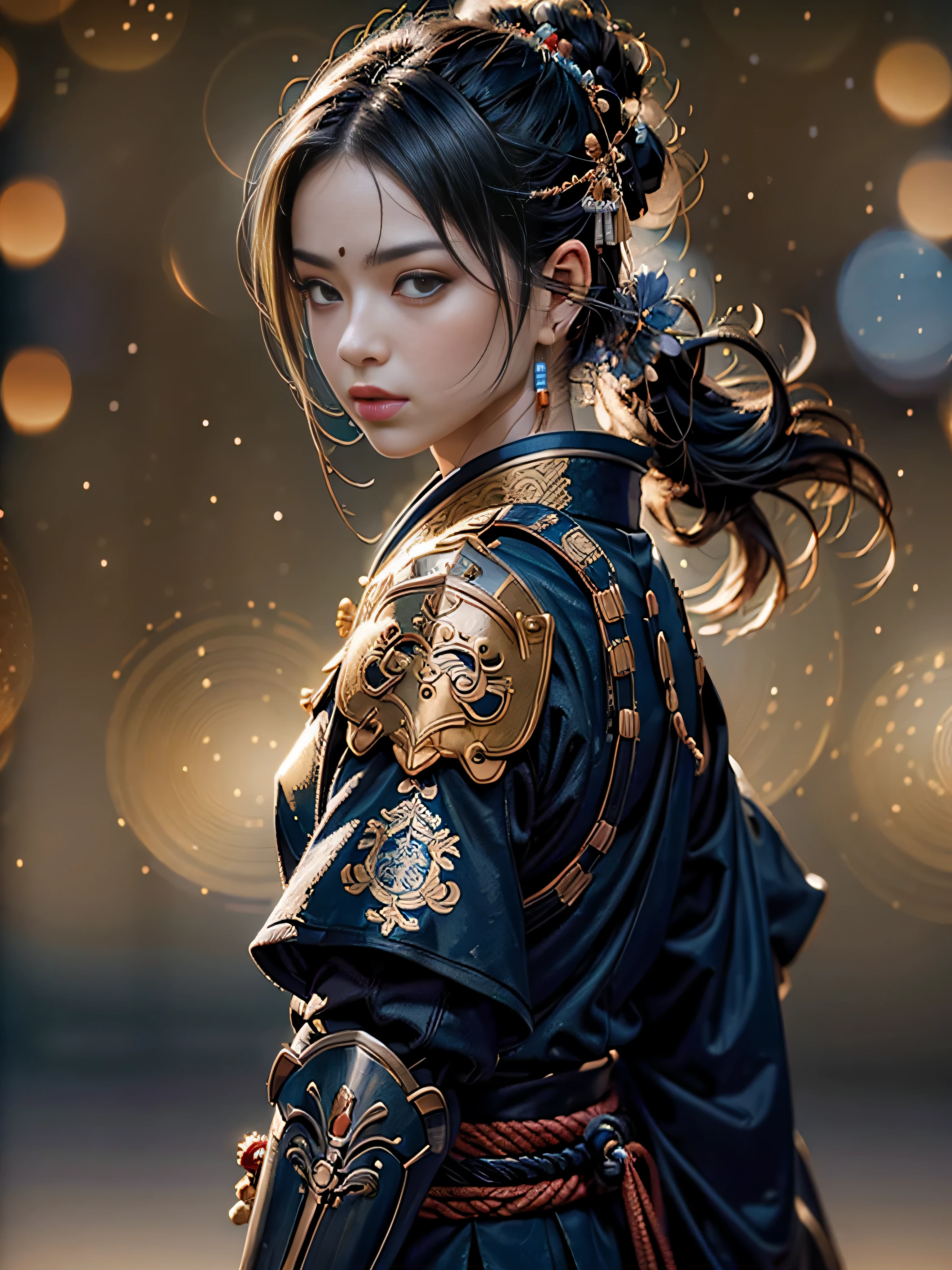 In a magnificently adorned samurai warrior from Japan's Edo era, the essence of Bushido and the Shogunate embodied in his Yoroi armor and katana. This depiction brings to life the honor and loyalty of this fierce warrior through intricate details and vibrant colors. The manchira garment drapes elegantly over his shoulder, adding a touch of grace to his formidable presence. This exquisite painting captures the essence of a noble and courageous samurai, resonating with power and tradition. Every detail, from the gleaming armor to the sharp katana, speaks of the warrior's unwavering spirit and prowess. whimsical lighting, enchanted ambiance, soft textures, imaginative artwork, ethereal glow, silent Luminescence, whispering Silent, vibrant background, by Skyrn99, full body, (((rule of thirds))), high quality, high detail, high resolution, (bokeh:2), backlight, long exposure:2