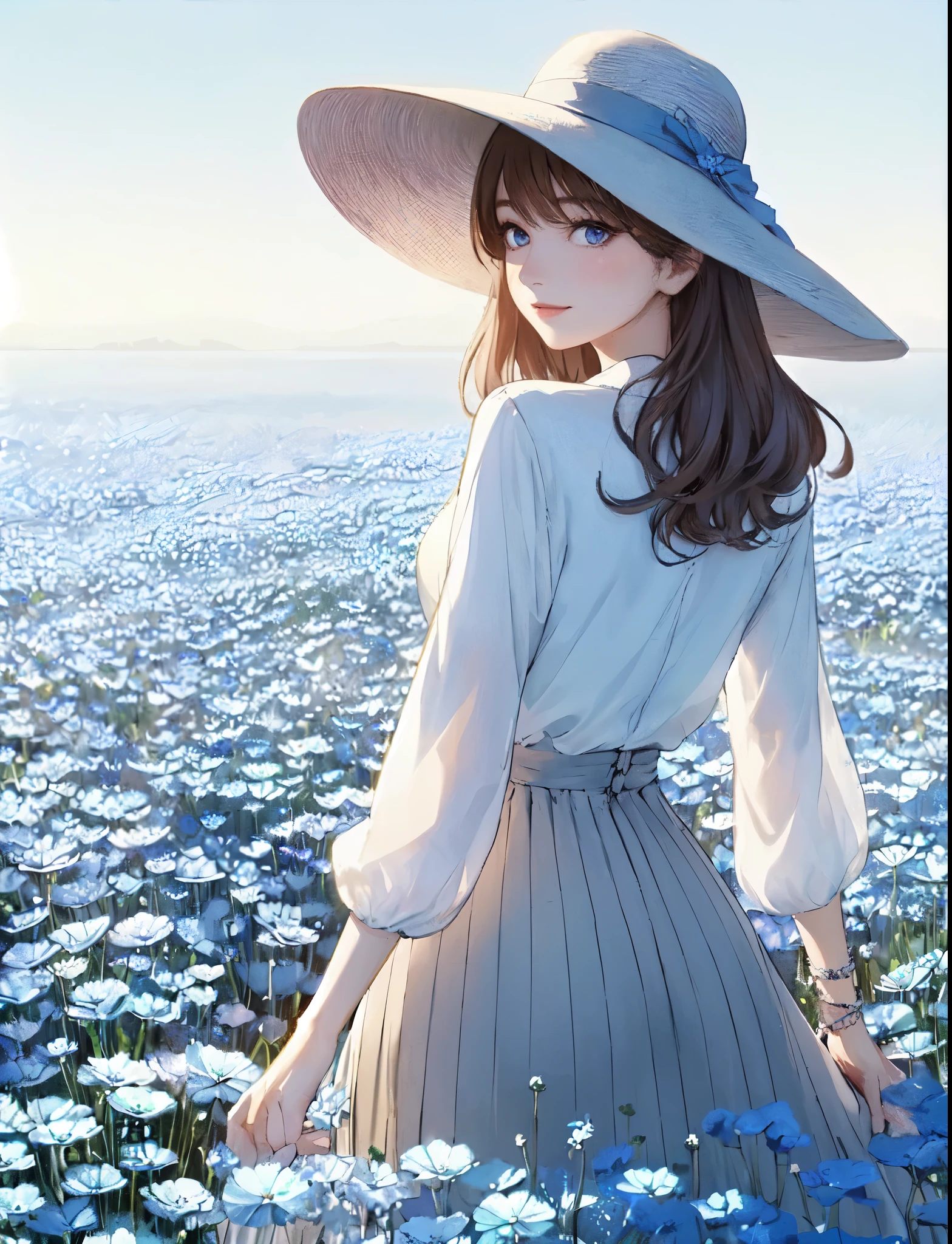 1lady standing, (looking back) (from behind), (stylish outfit) high-waist long skirt, hat, mature female, /(dark brown hair/) bangs, blush light smile, (masterpiece best quality:1.2) delicate illustration ultra-detailed, medium breasts BREAK (field of Nemophila flowers) outdoors, (Nemophila:1.2) (realistic blue flower:1.1), (blue flower field look like sea), horizon, noon, detailed background