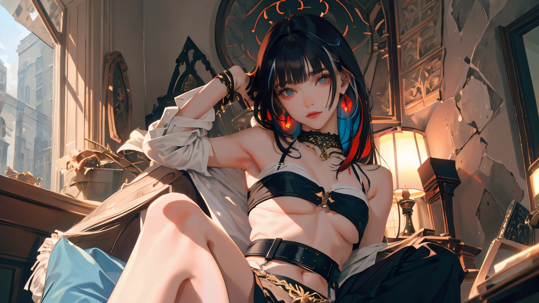 (masterpiece, best quality, 1girl, solo, intricate details, chromatic aberration), (realistic),(skin), ((breath)),(black hair,blunt bangs),detailed hair, red head ornament, blue highlights, hair over one eye,black eyes, small earrings, sharp eyes, choker,((black crop top )),(skirt),(belt),open waist,(symmetry eyes),(perfect symmetrical body), night,(((natural light))),backlighting,against grey  wall, dim lighting ,look at viewer,((centered shot, from front,(face and waist)))