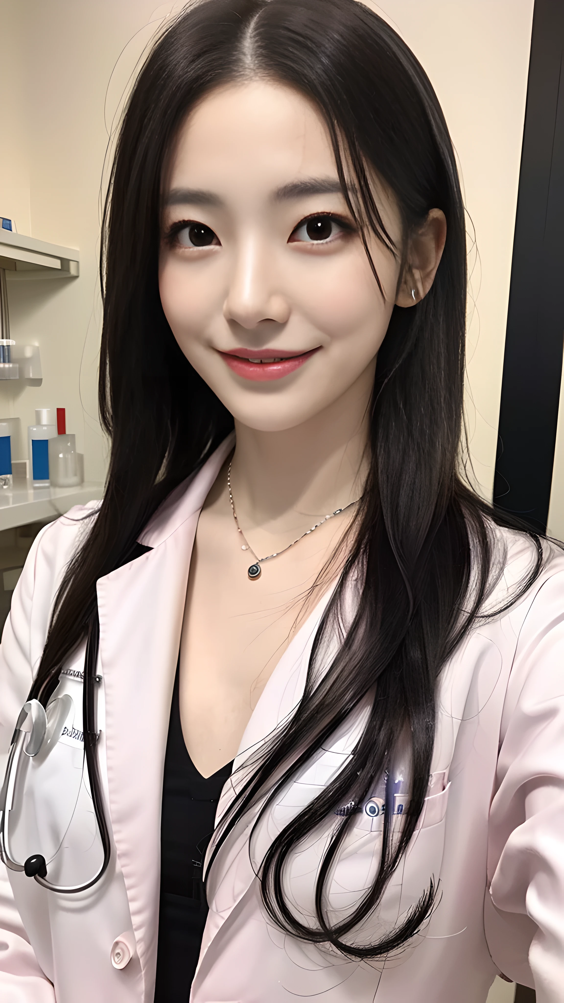 (realistic、Photoreal:1.37)、(8k、RAW photo、highest quality、masterpiece:1.2)、Super detailed、heart shaped eyes、Physically based rendering、超A high resolution、kodak vision color、Arricam LTカメラで撮影、Bokeh、sharp focus、looking at the viewer、((realistic))、((alone))、((Photoreal))、((1 female))、((japanese woman))、((mature woman))、((45 years old))、((slim body shape))、((female ophthalmologist))、((beautiful fine hair))、((black long hair))、((highly detailed face))、((smile gently))、((detailed lab coat))、((Beautifully detailed neck))、((detailed necklace))、