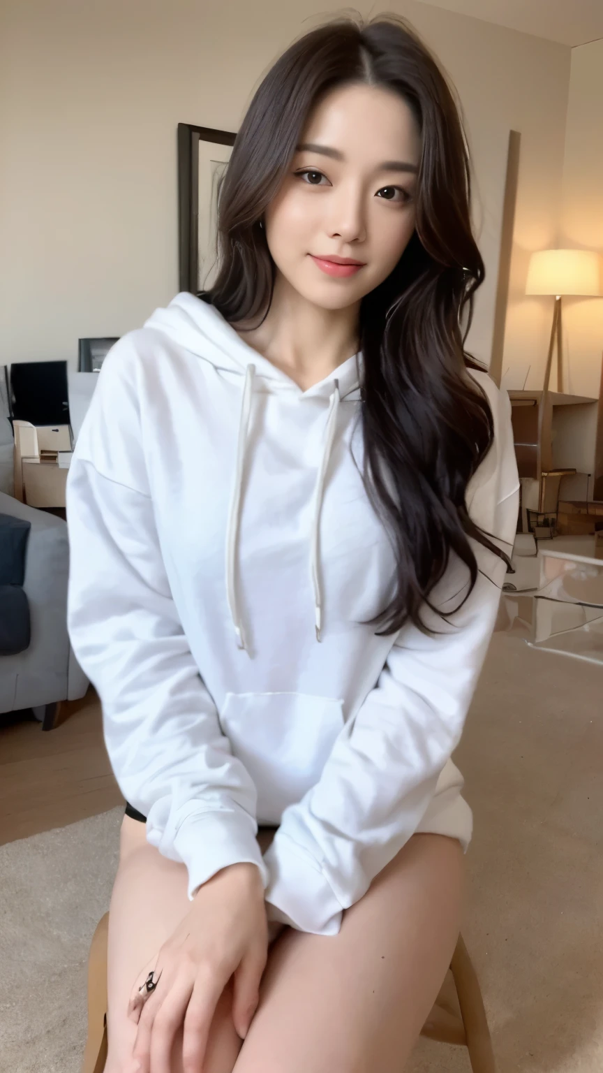 ((top-quality、8k、​masterpiece:1.3))、Beautiful woman with perfect body:1.4、slim abdomen:1.2、Longhair, normal breast, Highly detailed facial and skin texture, A detailed eye, delicate eyes, double eyelid, (smile), (full body shot), ((living room)), (sitting on chair), ((wearing white hoodie)), looking in front