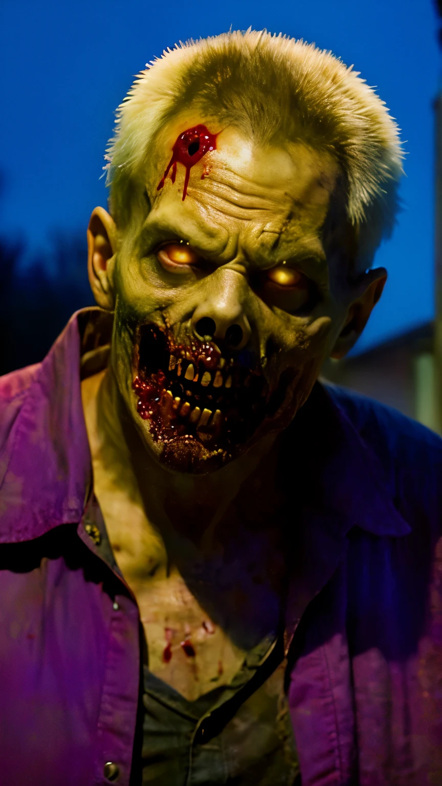 Cinematic, (masterpiece, best quality:1.2), ((RAW photo, Best quality)), (Realistic, photo-realistic:1.2) night, a hotting zombie. Horror concept, creppy, blood, (((white eyes))) , (((pale white skin))) , angry. Cinematic lighting