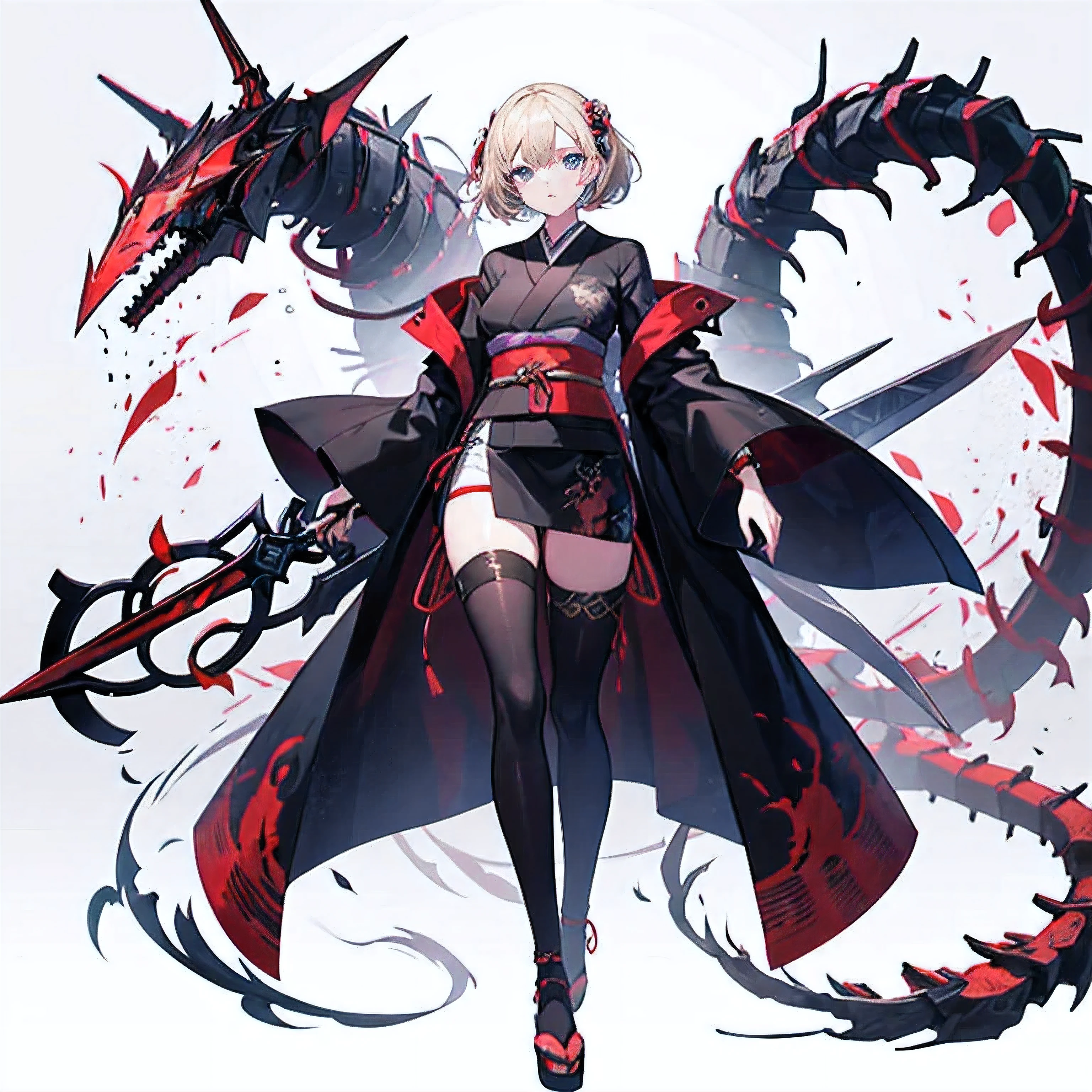 (masterpiece, highest quality), (perfect female body:1.2), (thin hair), Super detailed, anime style, 1 girl, alone, Cyber kimono and giant sword, Cyberpunk Ninja Girl, ash blonde hair, giant branched centipede tail, Japan footwear, white background, whole body. standing in the wilderness