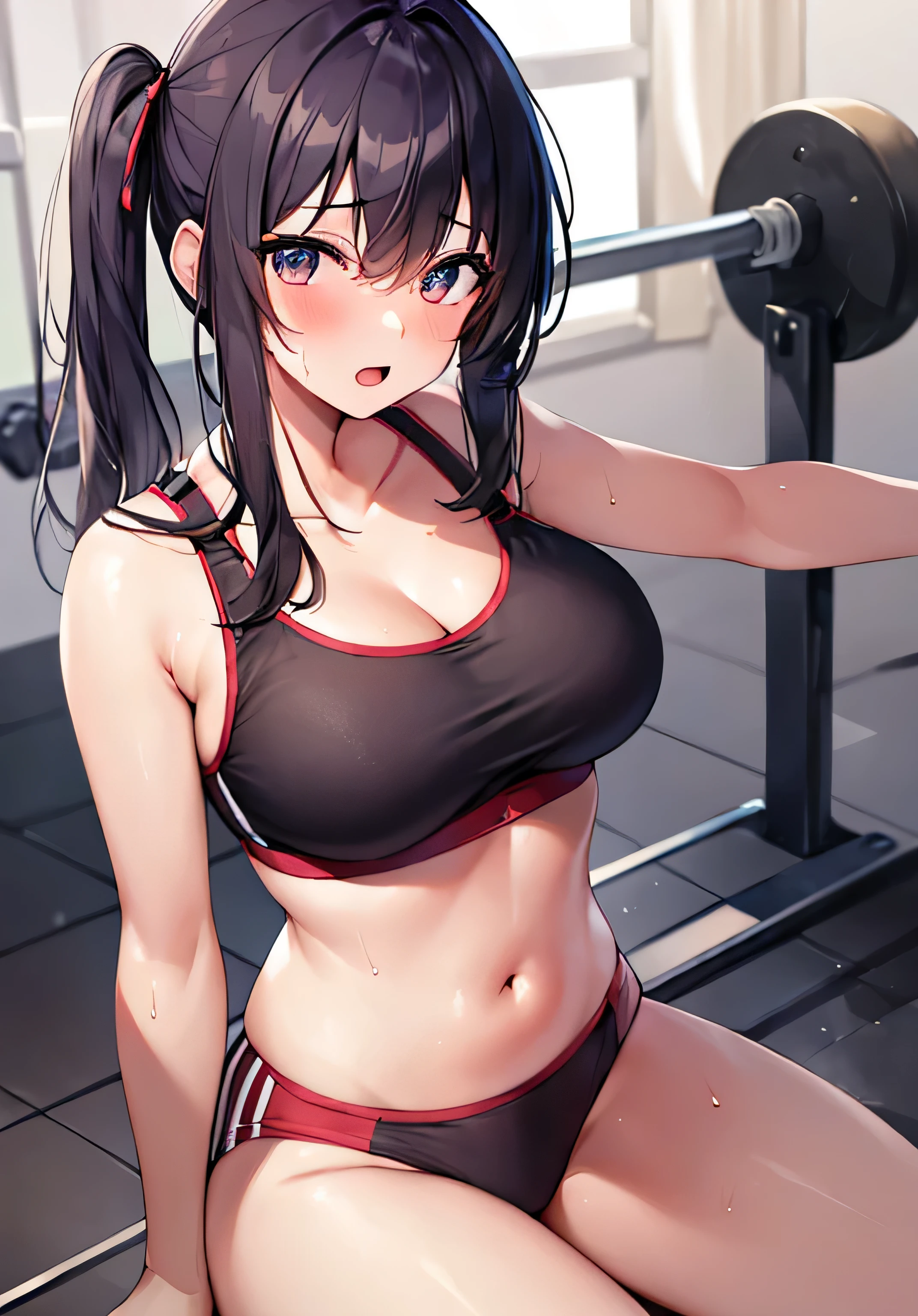 masterpiece、best image quality、ultra high resolution、age girl with big breasts、twin tail hairstyle、black hair、sweating、red face、shyly、mock、Open your mouth just a little、Sports bra for teengirls showing cleavage、teenage s sports briefs、shapely sweaty legs、at the gym