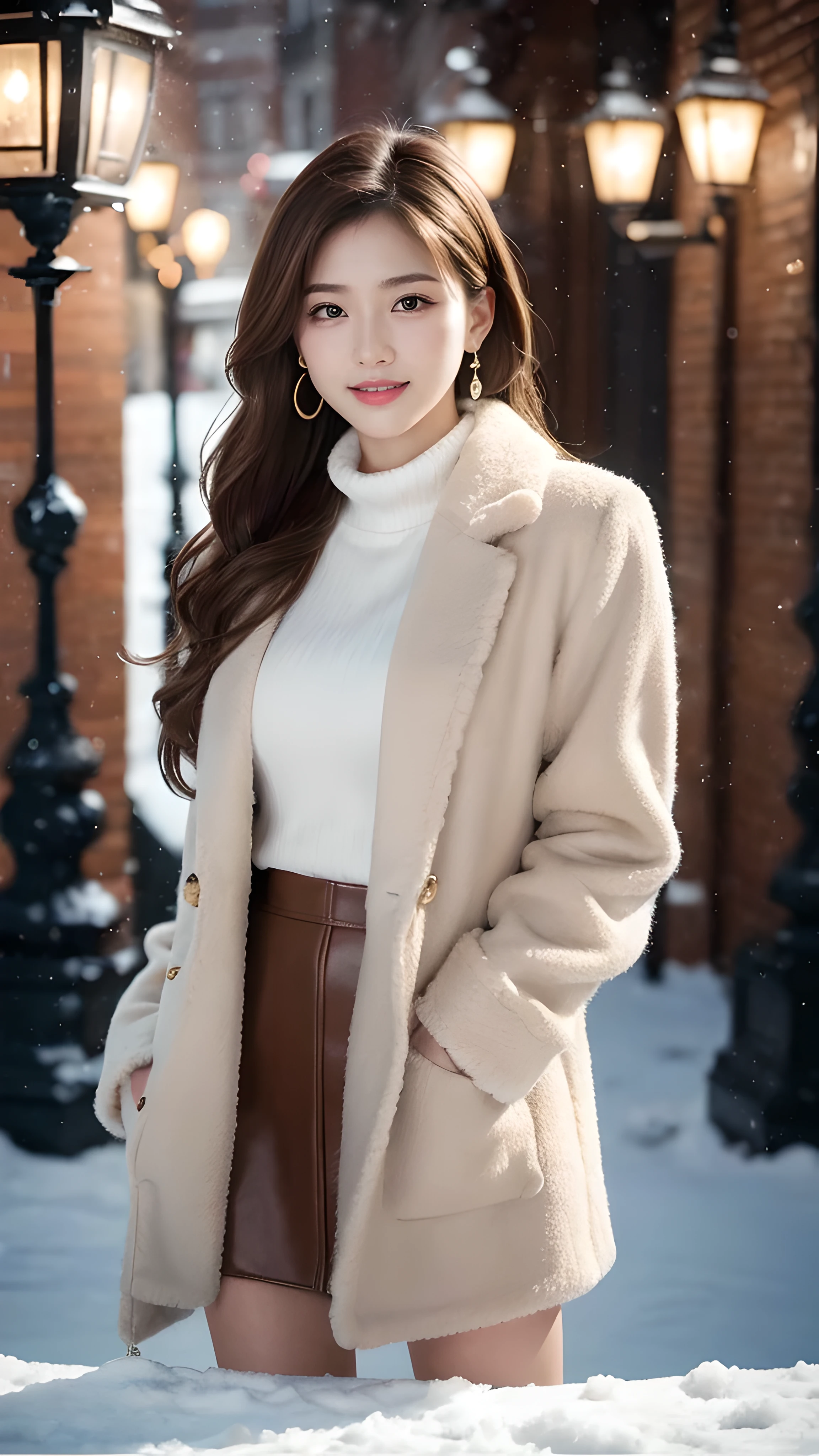 table top, highest quality, realistic, highest quality, finely, professional lighting, High resolution, 8k、超realistic, 1 beautiful woman, master works, professional photographer, wearing a fluffy brown fur coat, mini skirt, light brown hair, earrings, model makeup, facing the front, perfect dynamic composition, finelyて美しい目, smile, in the winter park,
