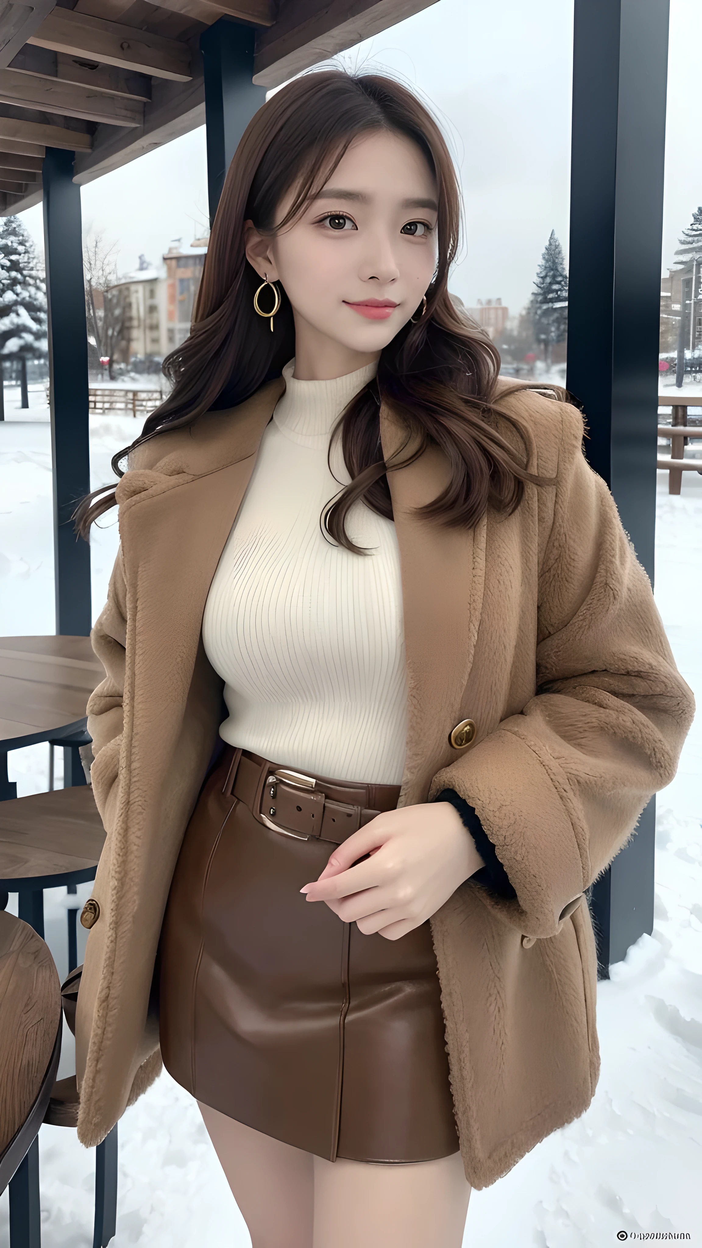 table top, highest quality, realistic, highest quality, finely, professional lighting, High resolution, 8k、超realistic, 1 beautiful woman, master works, professional photographer, wearing a fluffy brown fur coat, mini skirt, light brown hair, earrings, model makeup, facing the front, perfect dynamic composition, finelyて美しい目, smile, in the winter park,