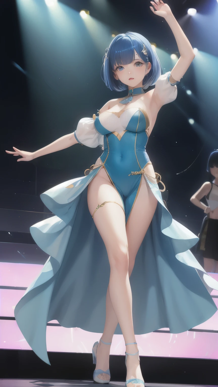 ((highest quality)), ((masterpiece)), (be familiar with),full body image、marine blue bob hair、bangs bangs、half-open eyes、sharp corner of the eye、light blue samba costume、F cup、Dancing on stage、24 year old woman