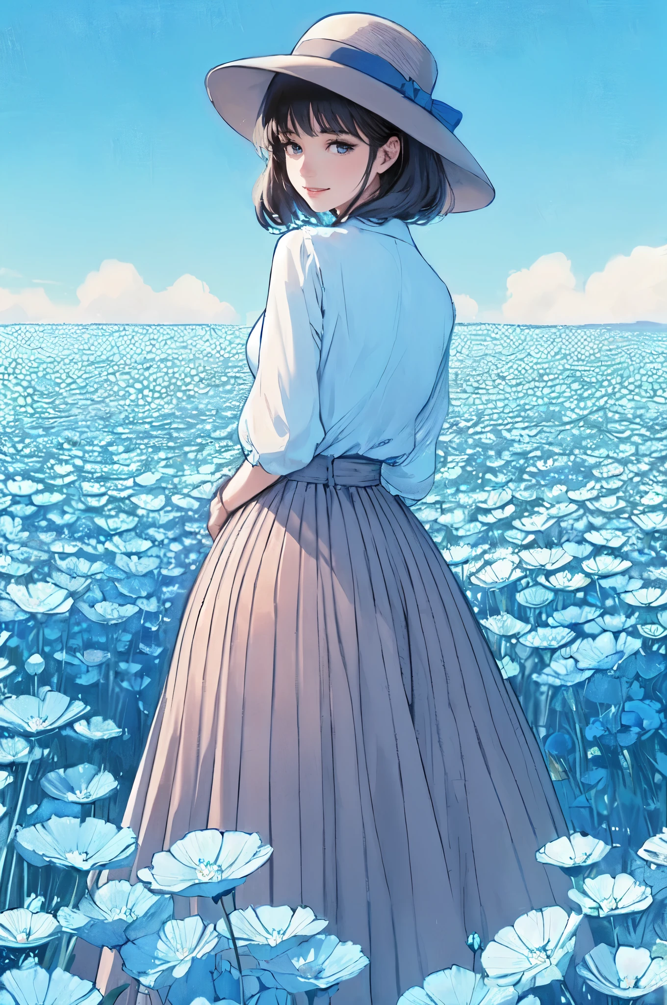1lady standing, (looking back) (from behind), (stylish outfit) high-waist long skirt, hat, mature female, /(black hair/) bangs, light smile, (masterpiece best quality:1.2) delicate illustration ultra-detailed, medium breasts BREAK (field of Nemophila flowers) outdoors, (Nemophila:1.2) (realistic blue flower:1.1), (blue flower field look like sea), horizon, noon, detailed background