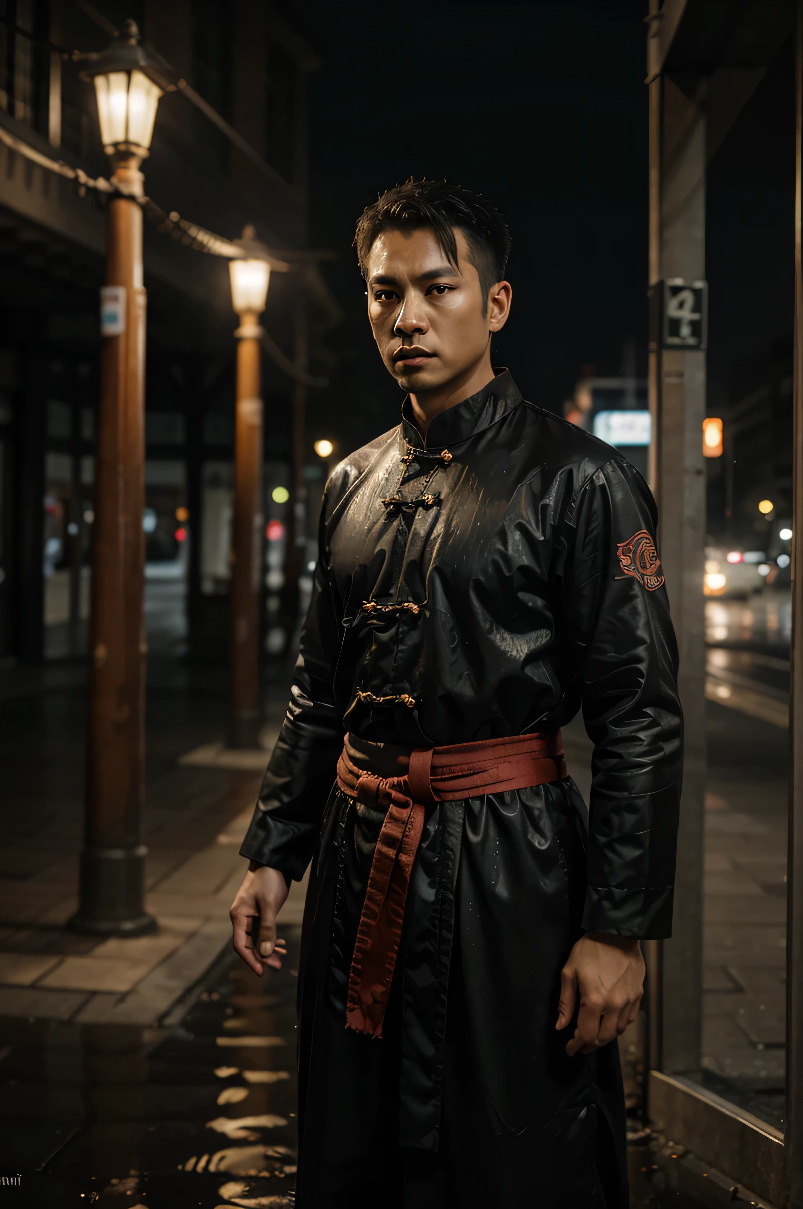 portrait of a chinese kung fu maste, standing outside in the rain ready to fight, wearing traditional chinese kung fu suit, muskular body, Otherworldly award winning oil painting, fear is in the Night, dangerous, Dramatic Lighting, in the style of Richard Schmid, Jeremy Mann, Daniel F Gerhartz, Hasselblad X1D --ar 1:2 --stylize 750