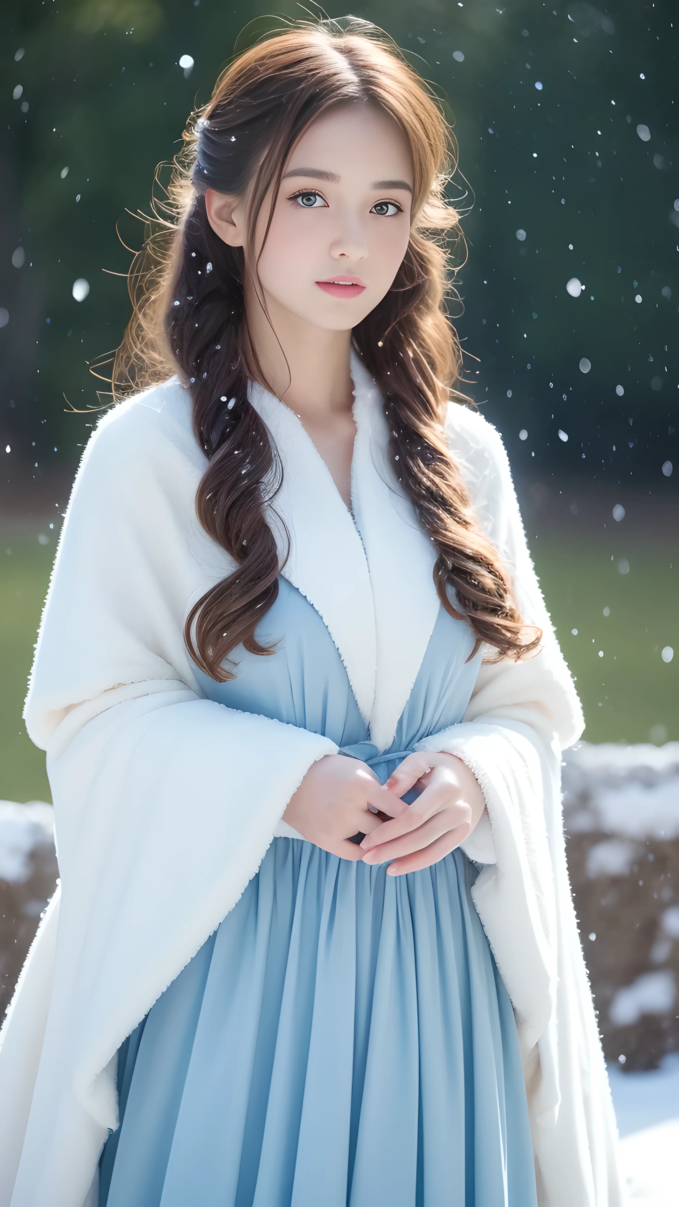 (highest quality, 8k, 32K,details are very clear),realistic, High resolution, 1 Japanese woman, alone, (ta costume),luxurious costume,towards the audience,(Upper body,upper limbs), beautiful eyes, brown hair, Ring-shaped eyes, (outside,heavy snowfall,thick fur cape,cover with snow),snowfield,blue eyes,highest qualityのイラスト,detailed facial features
