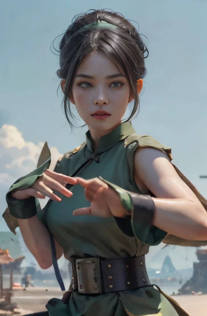 Blind eyes,high res,hyper realistis, ultra detail, blimx eyes, masterpiece, best quality, highres, 1girl, solo, black hair, hairband, belt, short hair, blind eyes, hair bun, green hairband, blind, chinese clothes, hair bun, green dress, short sleeves, pelvic curtain, big breast, barefoot, fighting stance, rock, stone, sand, outdoors, toph beifong, sexy, earth bender, sexy toph beifong,  adult, no . 