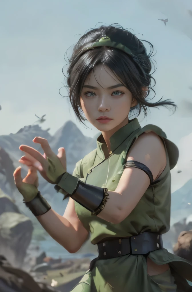 Blind eyes,high res,hyper realistis, ultra detail, blimx eyes, masterpiece, best quality, highres, 1girl, solo, black hair, hairband, belt, short hair, blind eyes, hair bun, green hairband, blind, chinese clothes, hair bun, green dress, short sleeves, pelvic curtain, big breast, barefoot, fighting stance, rock, outdoors, toph beifong, sexy, earth bender, sexy toph beifong