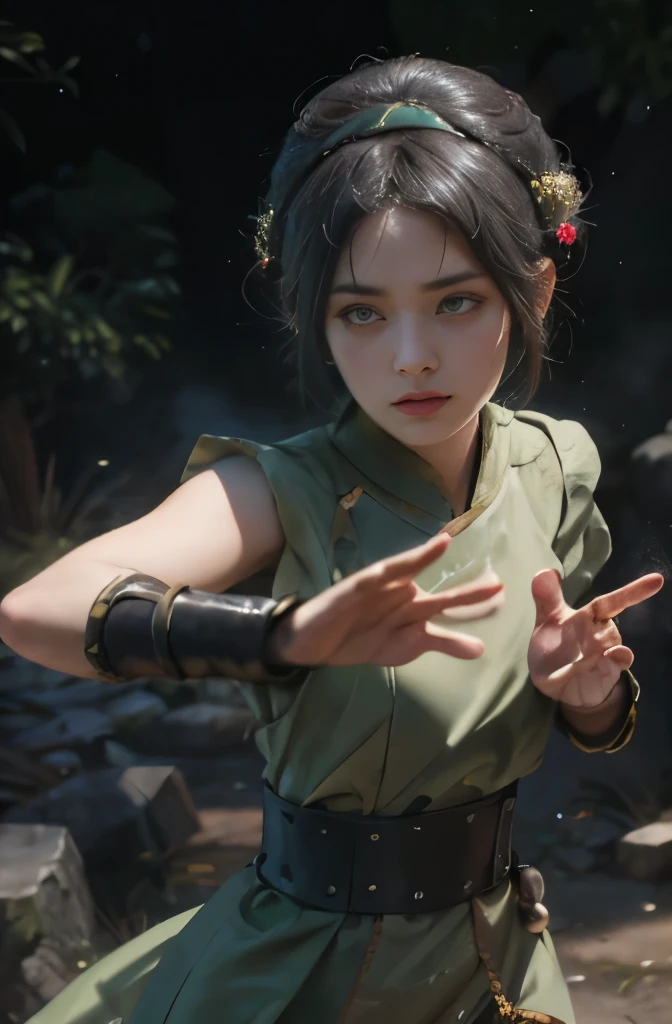 Blind eyes,high res,hyper realistis, ultra detail, blimx eyes, masterpiece, best quality, highres, 1girl, solo, black hair, hairband, belt, short hair, blind eyes, hair bun, green hairband, blind, chinese clothes, hair bun, green dress, short sleeves, pelvic curtain, barefoot, fighting stance, rock, outdoors, toph beifong, sexy, earth bender, sexy toph beifong