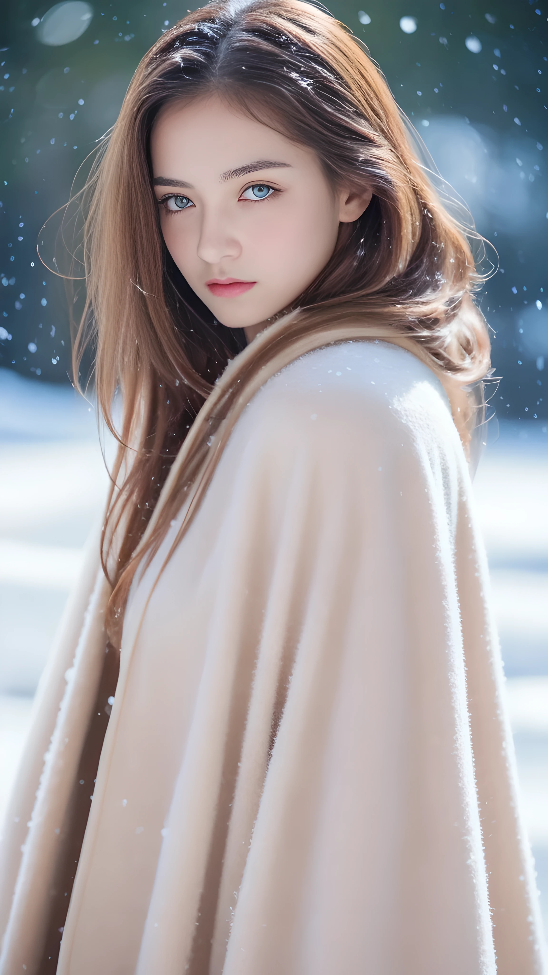 (highest quality, 8k, 32K，details are very clear),realistic, High resolution, 1 Japanese woman, alone, (lolita costume)，luxurious costume，towards the audience，(Upper body，upper limbs)， beautiful eyes, brown hair, Ring-shaped eyes, (outside，heavy snowfall，thick fur cape，cover with snow)，snowfield，blue eyes，highest qualityのイラスト，detailed facial features