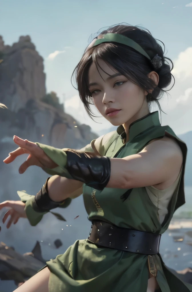 Blind eyes,high res,hyper realistis, ultra detail, blimx eyes, masterpiece, best quality, highres, 1girl, solo, black hair, hairband, belt, short hair, blind eyes, hair bun, green hairband, blind, chinese clothes, hair bun, green dress, short sleeves, pelvic curtain, barefoot, fighting stance, rock, outdoors, toph beifong, sexy, earth bender, sexy toph beifong