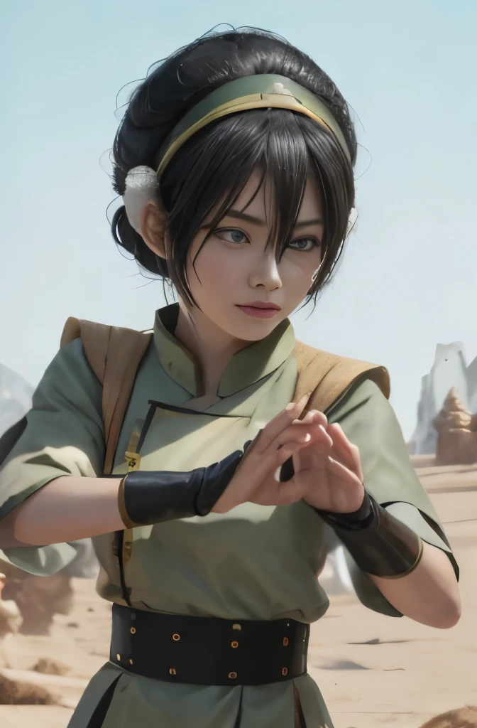 masterpiece, best quality, highres, 1girl, solo, black hair, hairband, belt, short hair, blind eyes, hair bun, green hairband, blind, chinese clothes, hair bun, green dress, short sleeves, pelvic curtain, barefoot, fighting stance, rock, outdoors, toph beifong, sexy, earthh bender,  earth stone and sand controlling