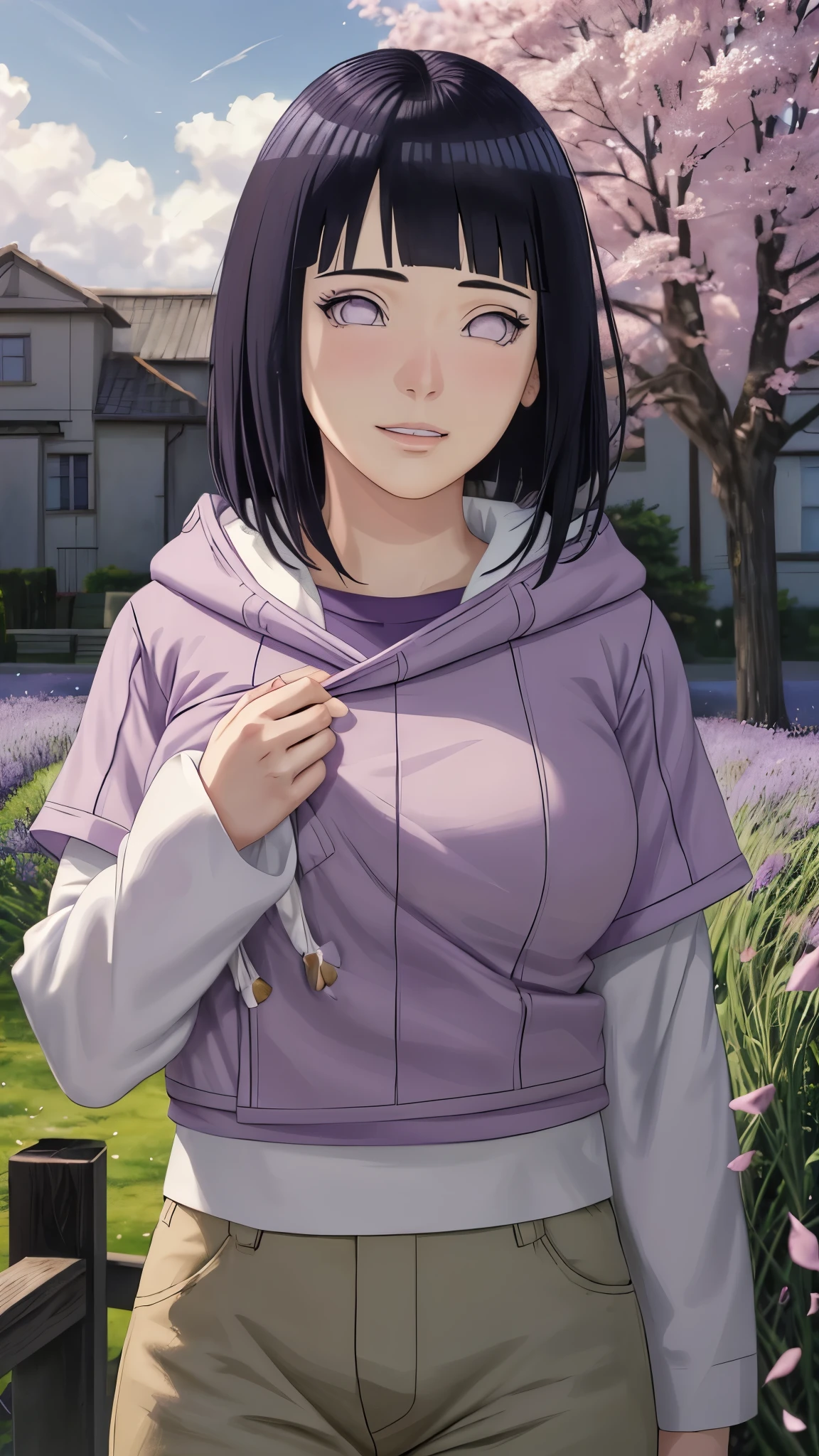 masterpiece, absurdres, hinata\(boruto\), 1girl, solo,mature female, purple hoodie,layered sleeves, brown pants,  outdoors,lavender flower field, wind, floating hair, looking at viewer, (falling petals), cloudy sky, perfect composition, detailed lips, medium breast, beautiful face, body propotion, blush, soft smile, light smile,  red lips, sexy body