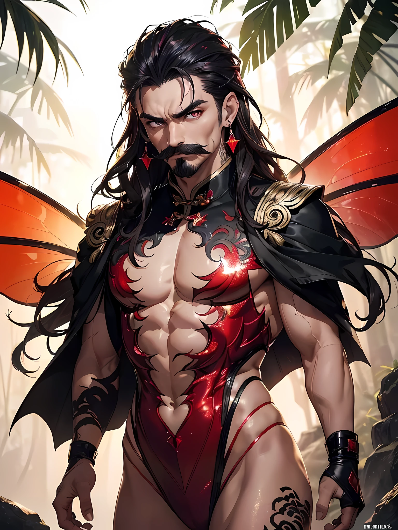 (((intricate design))) (((Top quality))) (((16K))) (((High Definition))) 16K splash art, high-res, ultra sharp, ((masterpiece)), the best quality, expressive eyes, perfect face, Super eyes, perfectly detailed anatomy, (((ripped pecs))) (((Volumetric lighting))) (((natural light))) (((dark shadows))) (((fluorescent lights))) (((1male))) (((muscular))) (((Built Body-Type)) (((Chinese Man))) (((red shimmering fairy wings))) Black long hair, red eyes, in the rainforest, glitter, sparkles, fire, flying, fairy magic, flying, glossy skin, coloured tattoos, earrings, royalty, shimmer, delicate, beautiful, red shimmering translucent suit, black boots, jewellery, scary, intimating, angry, enraged, moustache, metallic,