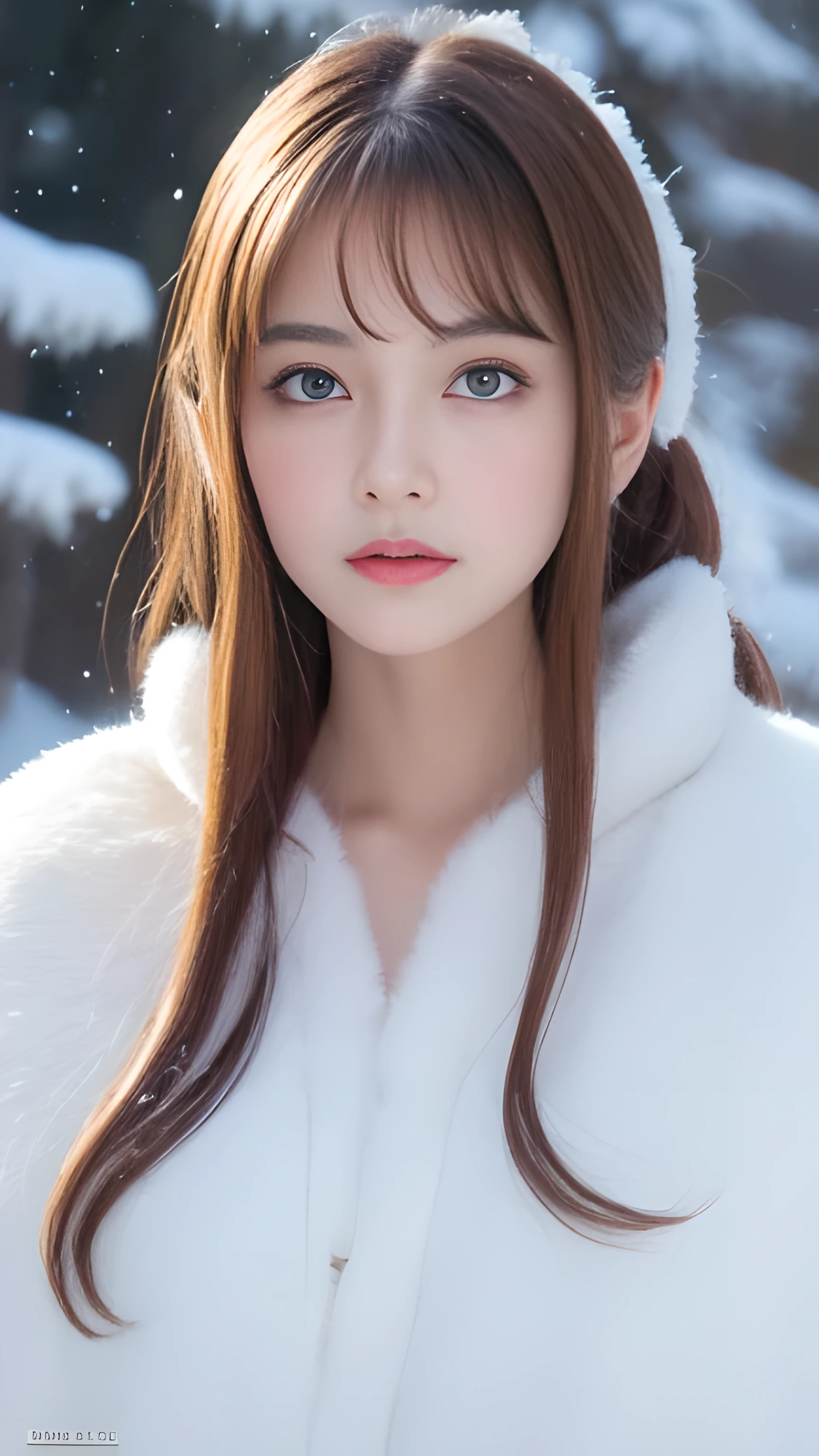 (highest quality, 8k, 32K,details are very clear),realistic, High resolution, 1 Japanese woman, alone, (ta costume),luxurious costume,towards the audience,(Upper body,upper limbs), beautiful eyes, brown hair, Ring-shaped eyes, (outside,heavy snowfall,thick fur cape,cover with snow),snowfield,blue eyes,highest qualityのイラスト,detailed facial features