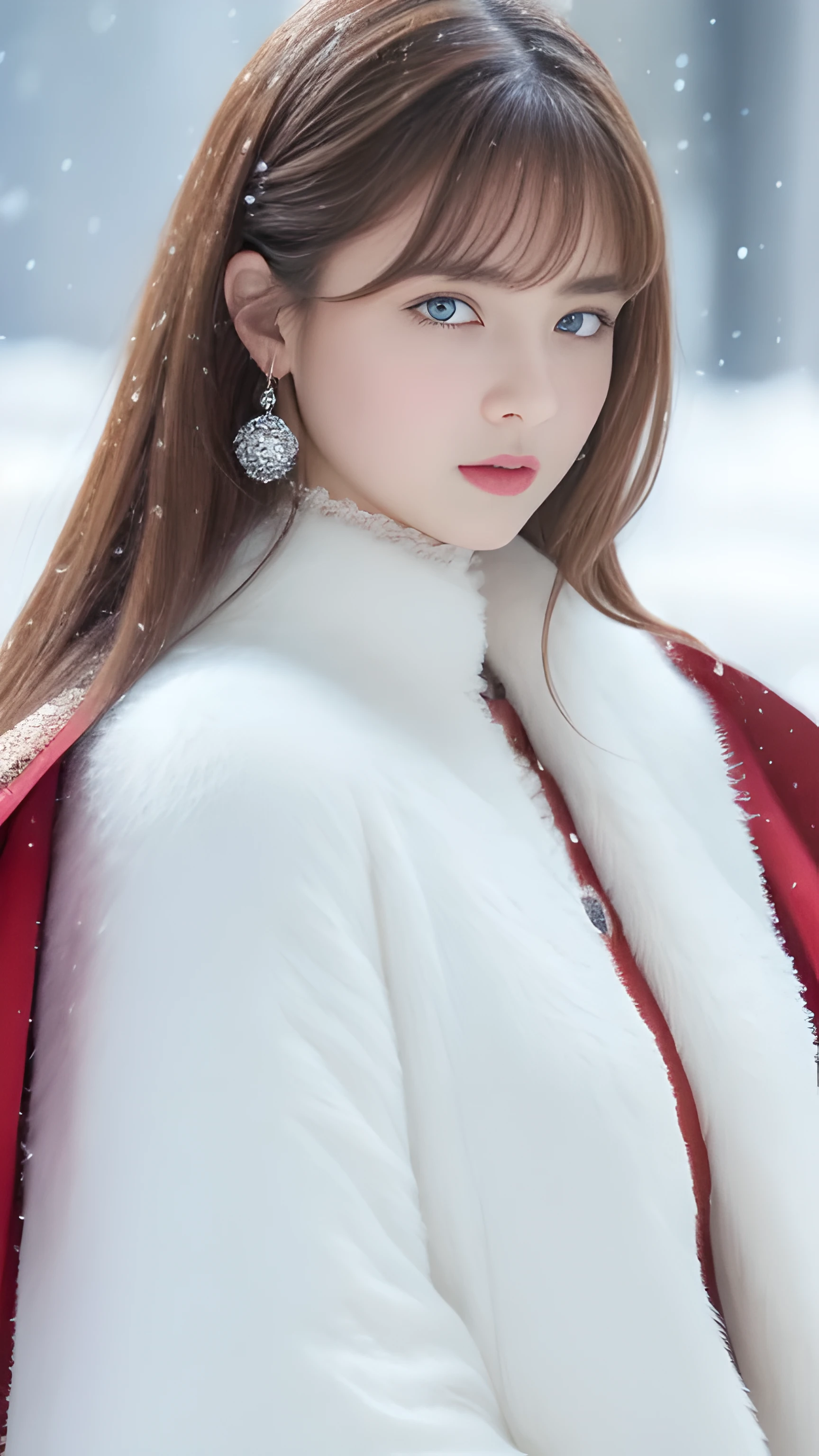 (highest quality, 8k, 32K，details are very clear),realistic, High resolution, 1 Japanese woman, alone, (lolita costume)，luxurious costume，towards the audience，(Upper body，upper limbs)， beautiful eyes, brown hair, Ring-shaped eyes, (outside，heavy snowfall，thick fur cape，cover with snow)，snowfield，blue eyes，highest qualityのイラスト，detailed facial features