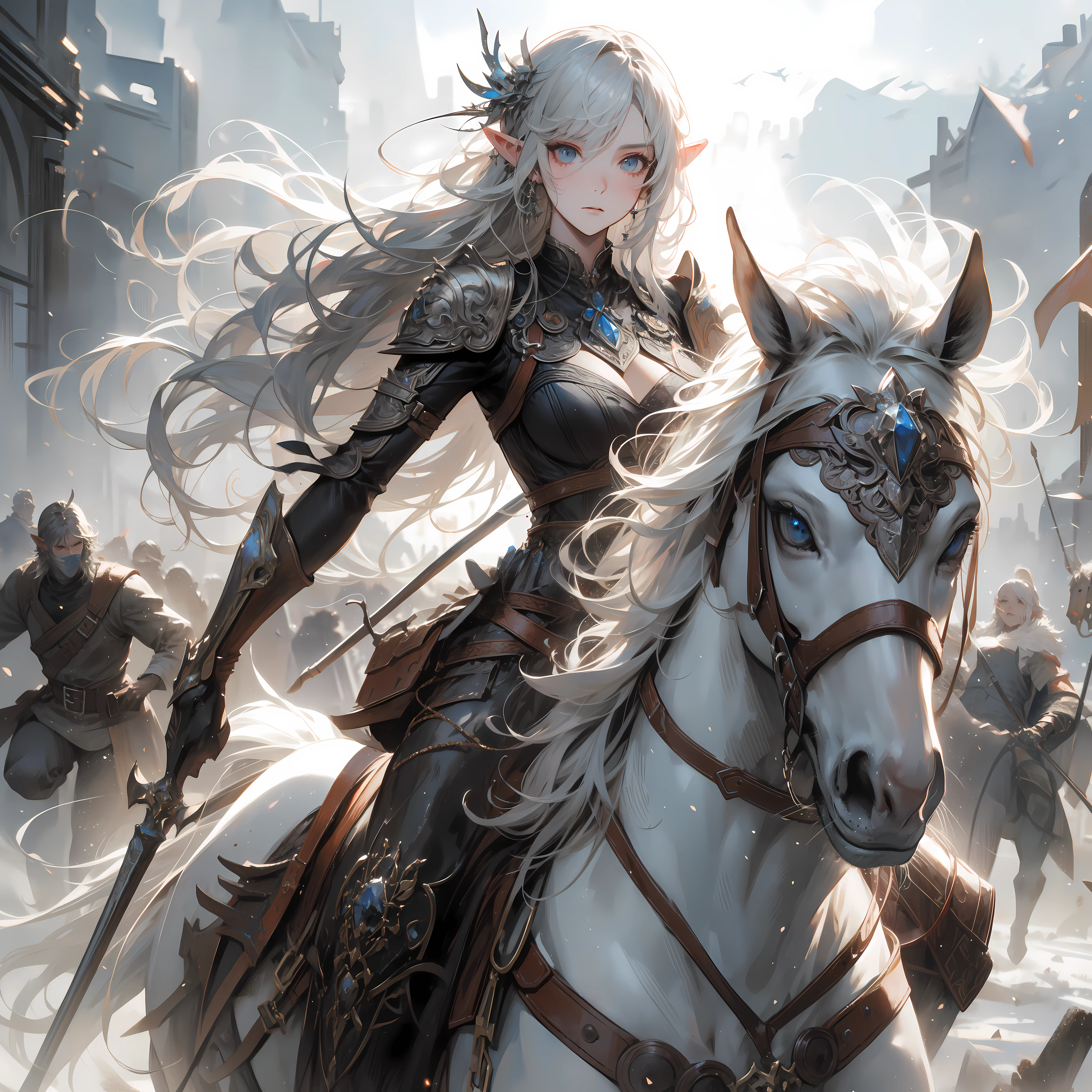 an medium white hair elf woman Hunter ((riding)) a horse, medium breast, in the ruined kingdom, fight against demon Lord, dynamic ground pov, Viewed from a distance, detailed face, watercolor painting, hyperdetailed, style by Yoji Shinkawa, by mikimoto Haruhiko, full body, dynamic pose, perfect anatomy, centered, freedom, soul, approach to perfection, cell shading, 8k, cinematic dramatic atmosphere, speed effect, particle effect, fantasy