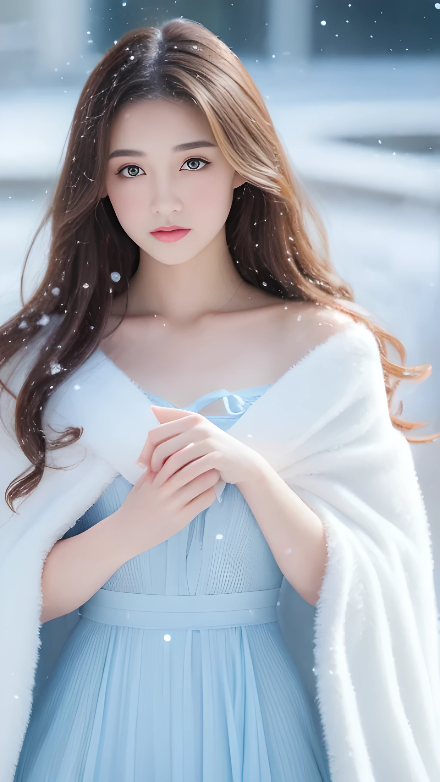 (highest quality, 8k, 32K，details are very clear),realistic, High resolution, 1 Japanese woman, alone, (****ta costume)，luxurious costume，towards the audience，(Upper body，upper limbs)， beautiful eyes, brown hair, Ring-shaped eyes, (outside，heavy snowfall，thick fur cape，cover with snow)，snowfield，blue eyes，highest qualityのイラスト，detailed facial features